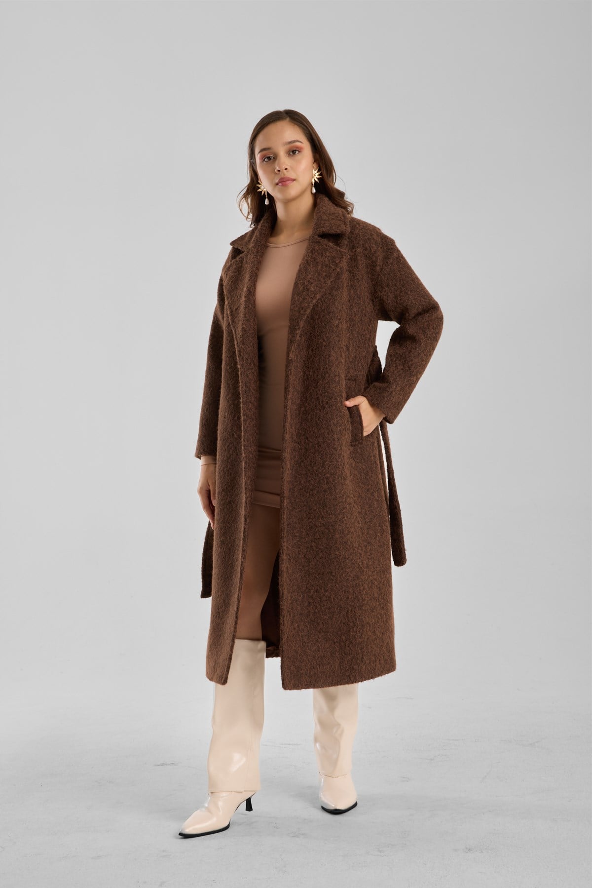 Kahverengi Buklet Kaşe Oversize Kaban