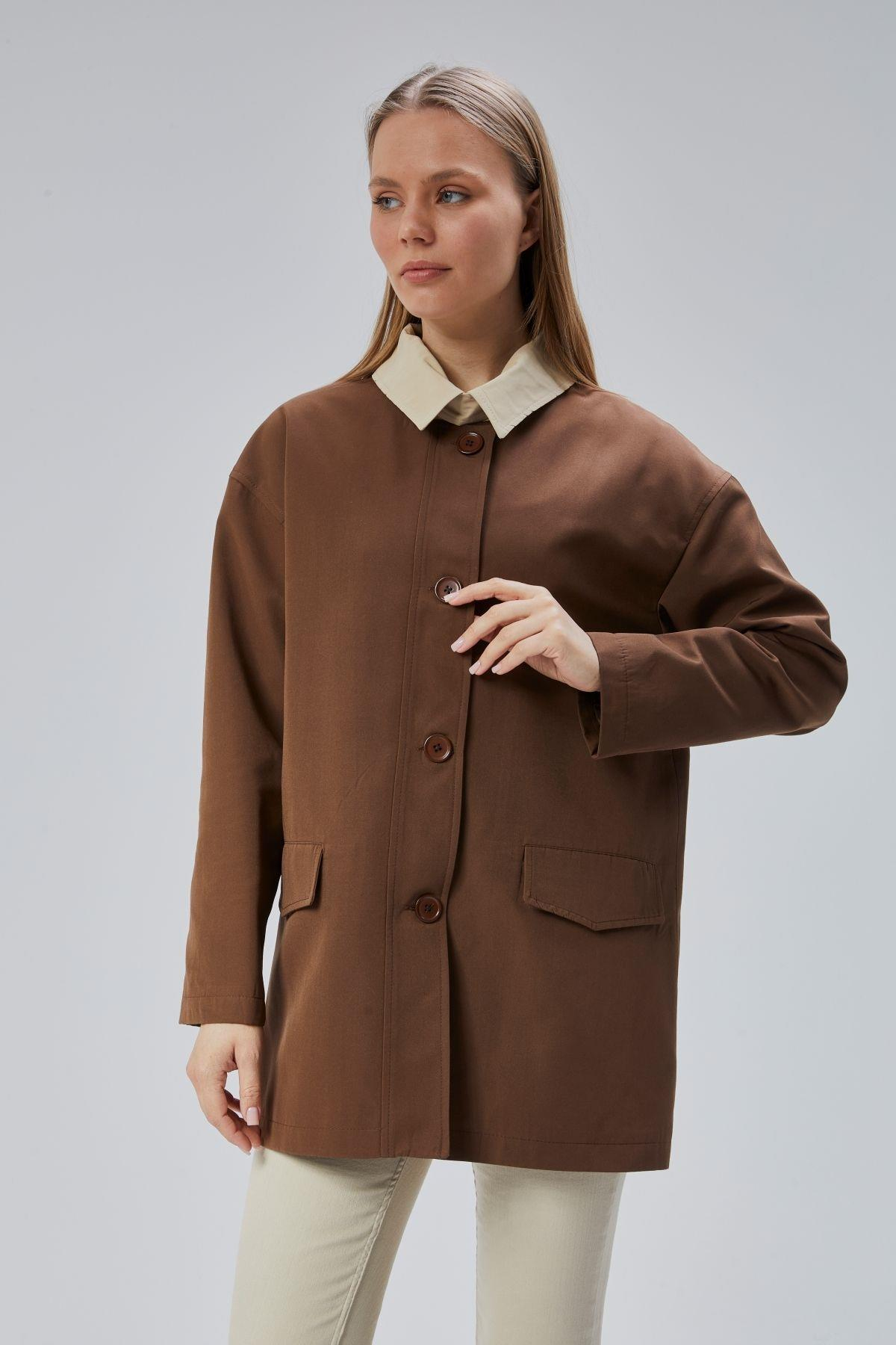 Kahverengi Oversize Casual Midi Trençkot