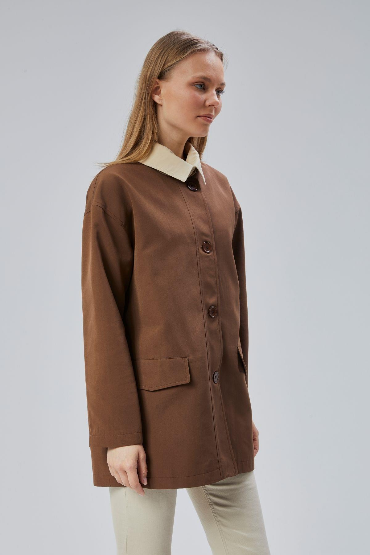 Kahverengi Oversize Casual Midi Trençkot