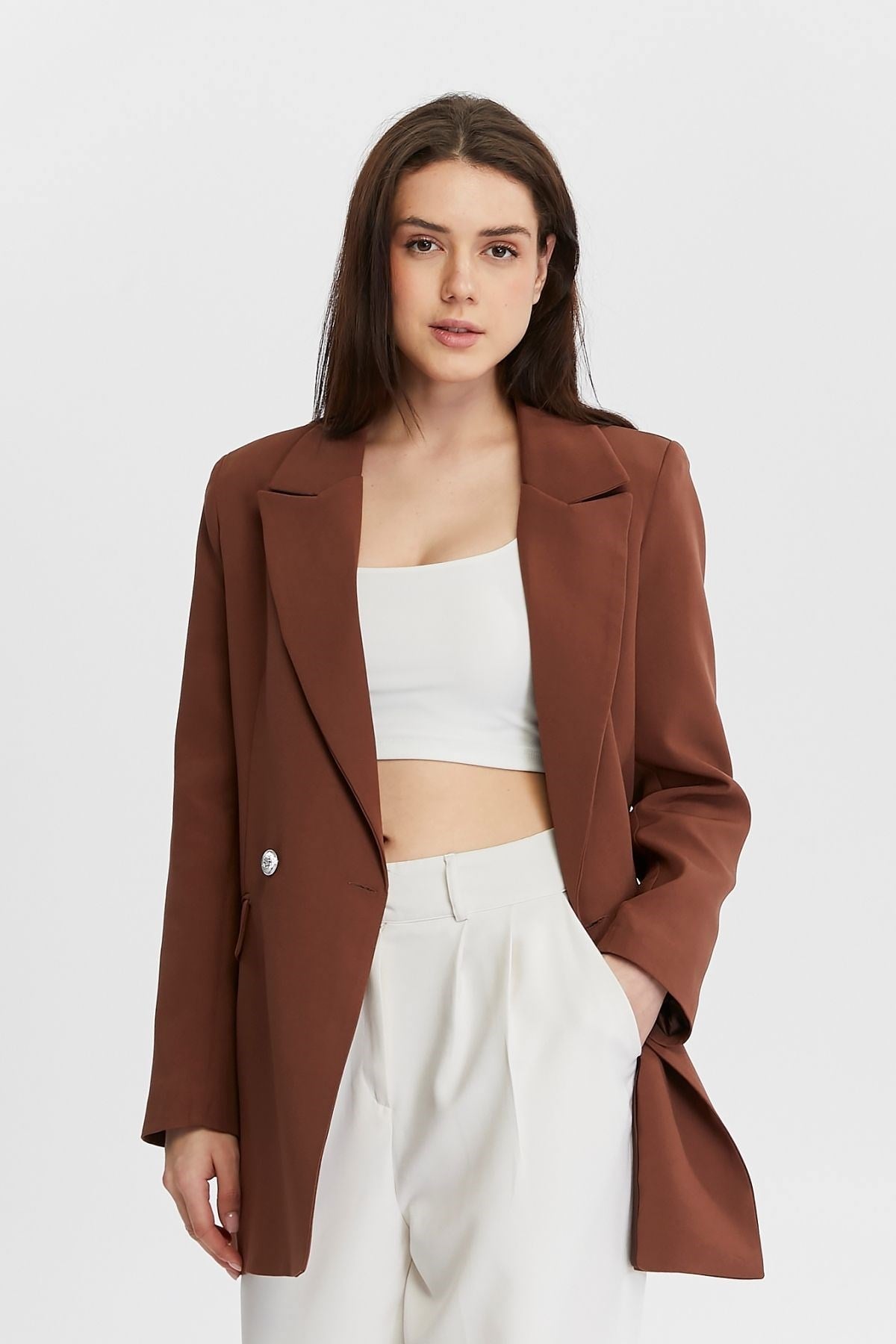 Kahverengi Oversize Dokuma Blazer Ceket