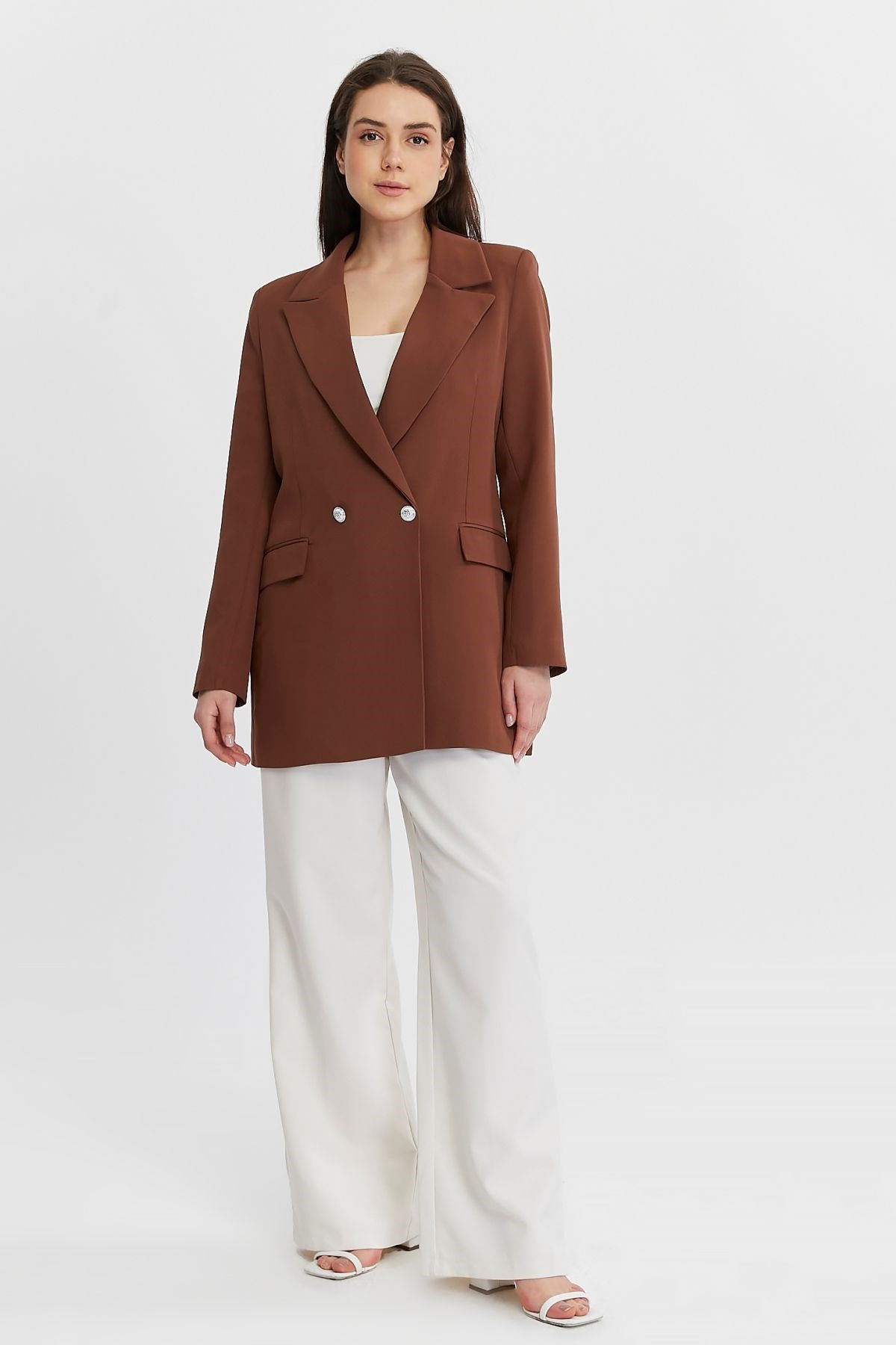 Kahverengi Oversize Dokuma Blazer Ceket
