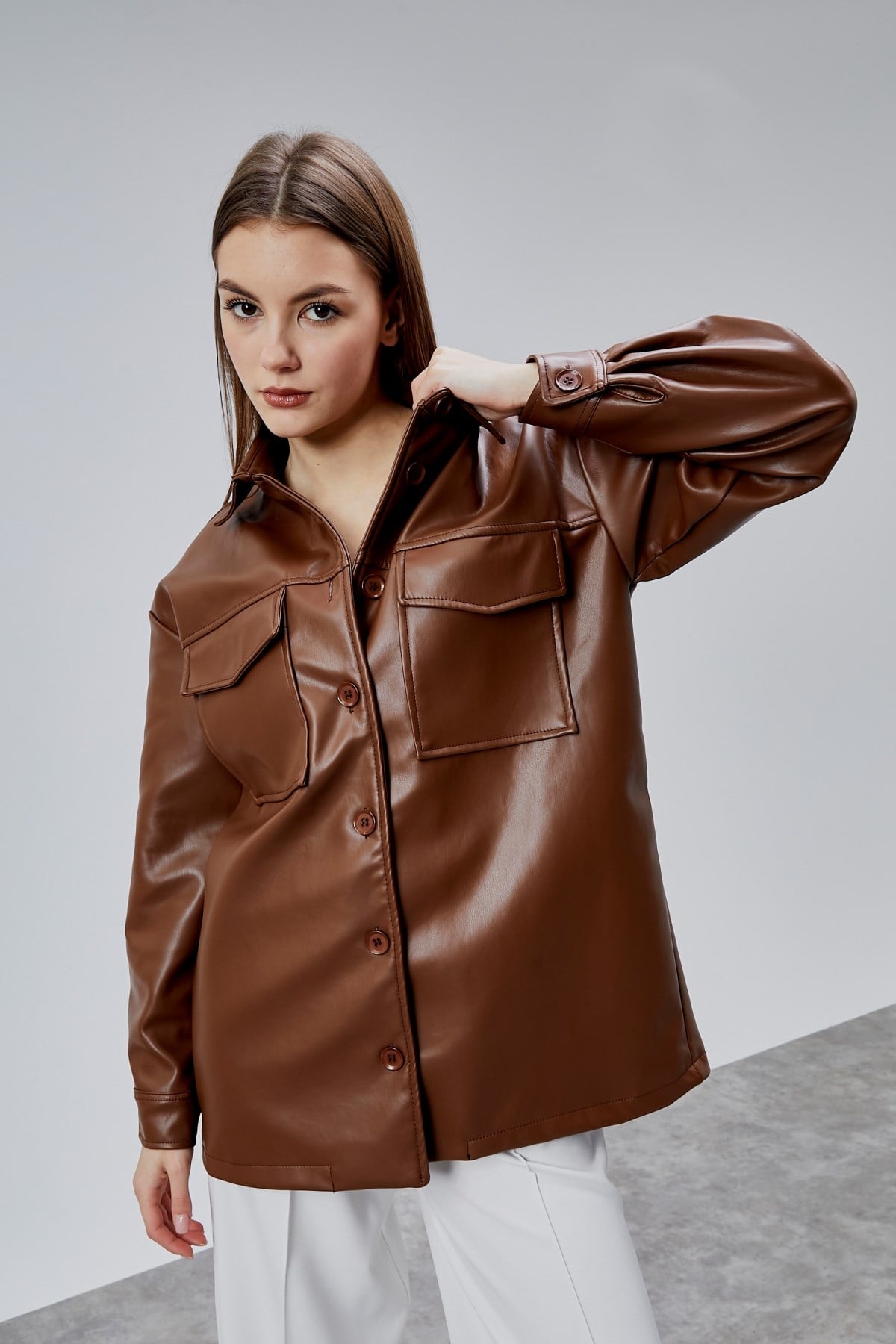 Kahverengi Premium Oversize Astarlı Deri Ceket 