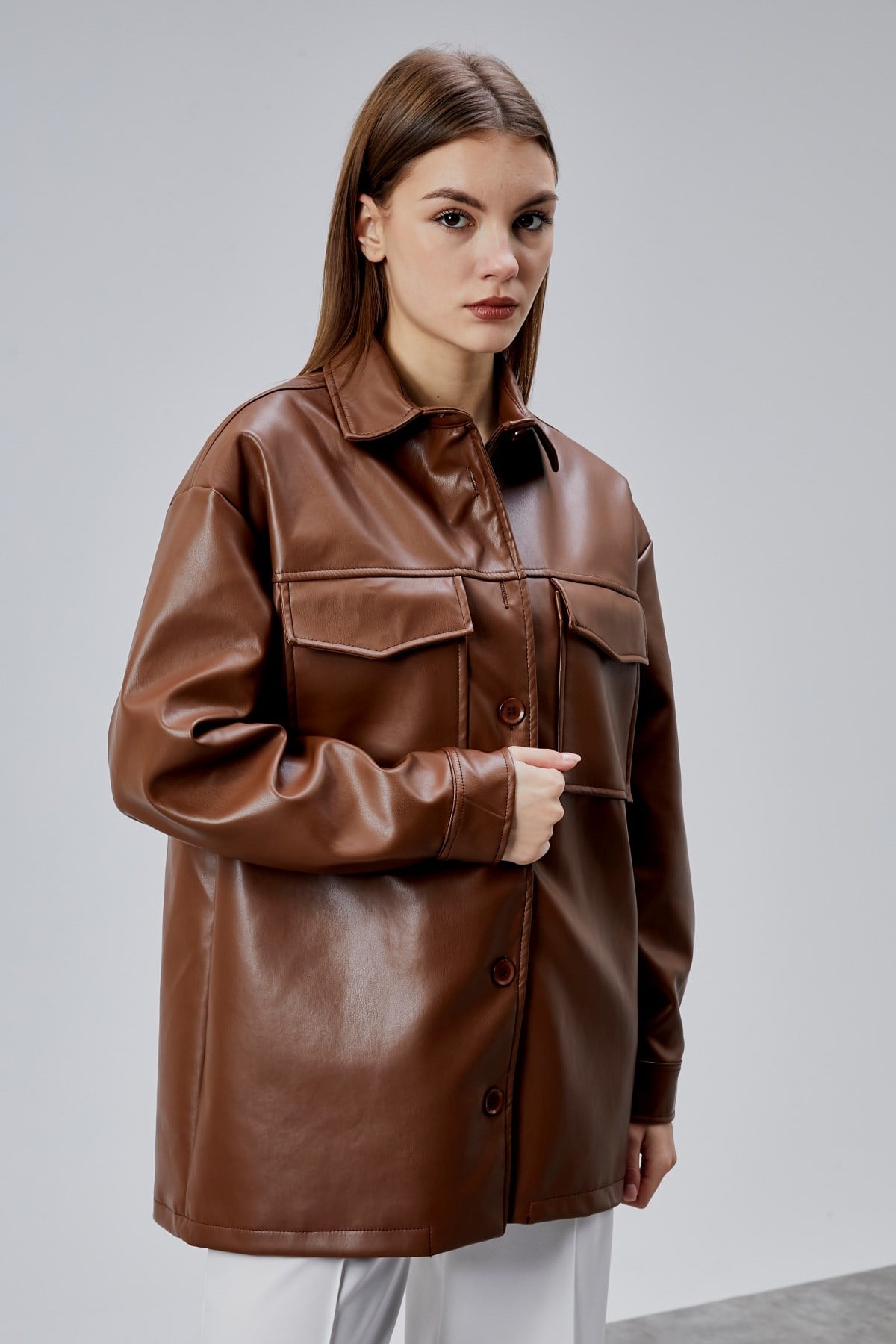 Kahverengi Premium Oversize Astarlı Deri Ceket 