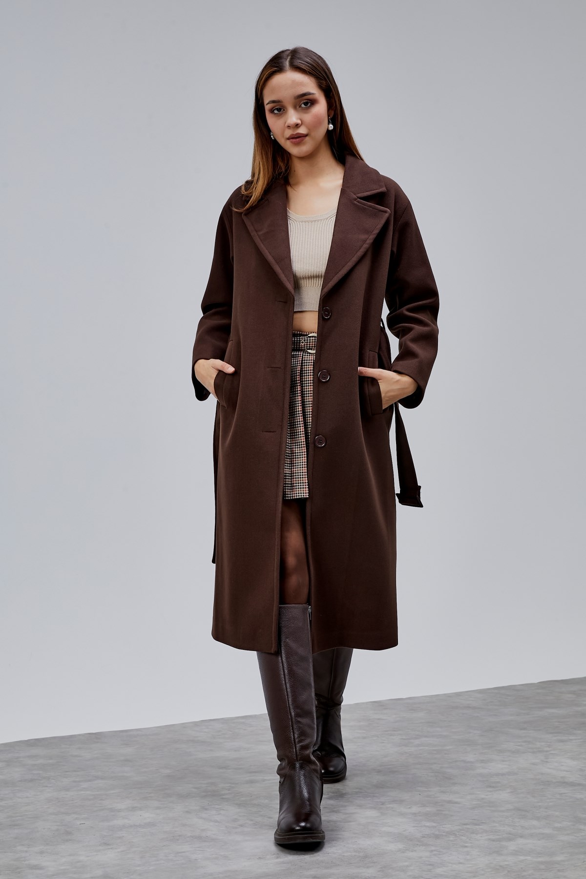 Kahverengi Premium Oversize Kemerli Kaşe Kaban