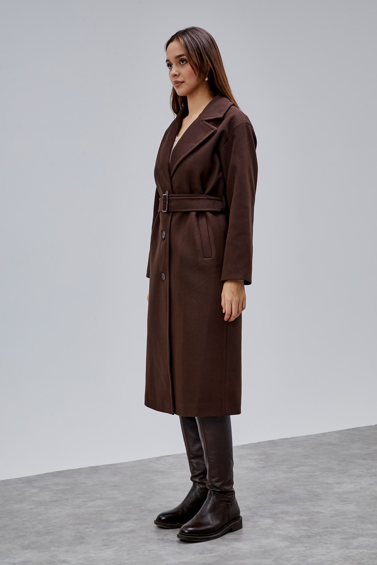 Kahverengi Premium Oversize Kemerli Kaşe Kaban