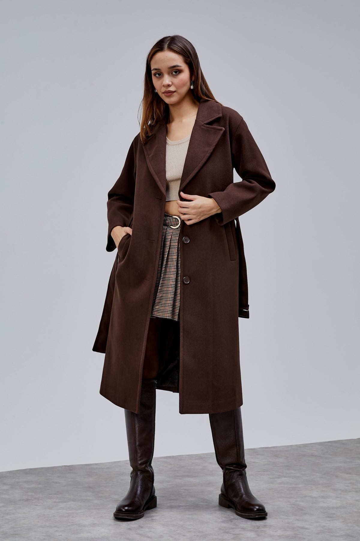 Kahverengi Premium Oversize Kemerli Kaşe Kaban