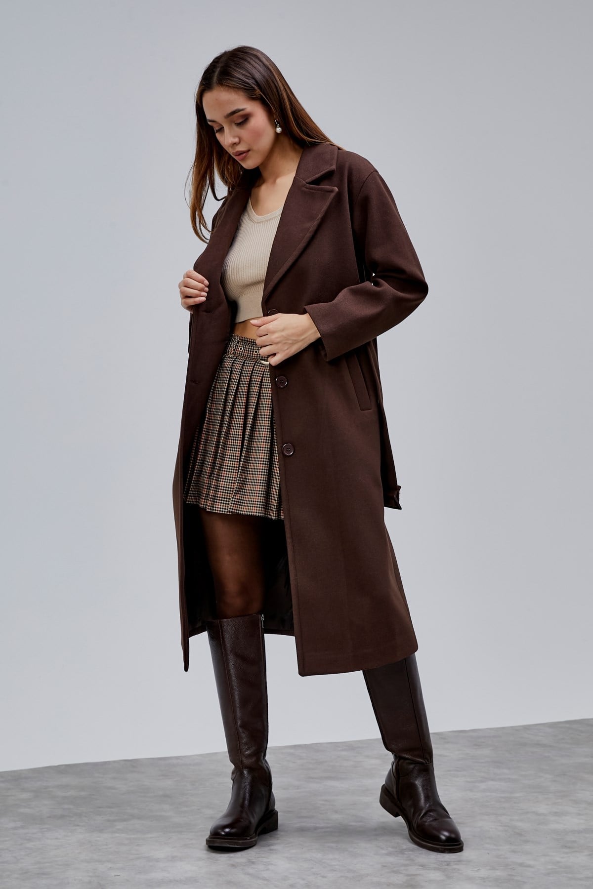 Kahverengi Premium Oversize Kemerli Kaşe Kaban