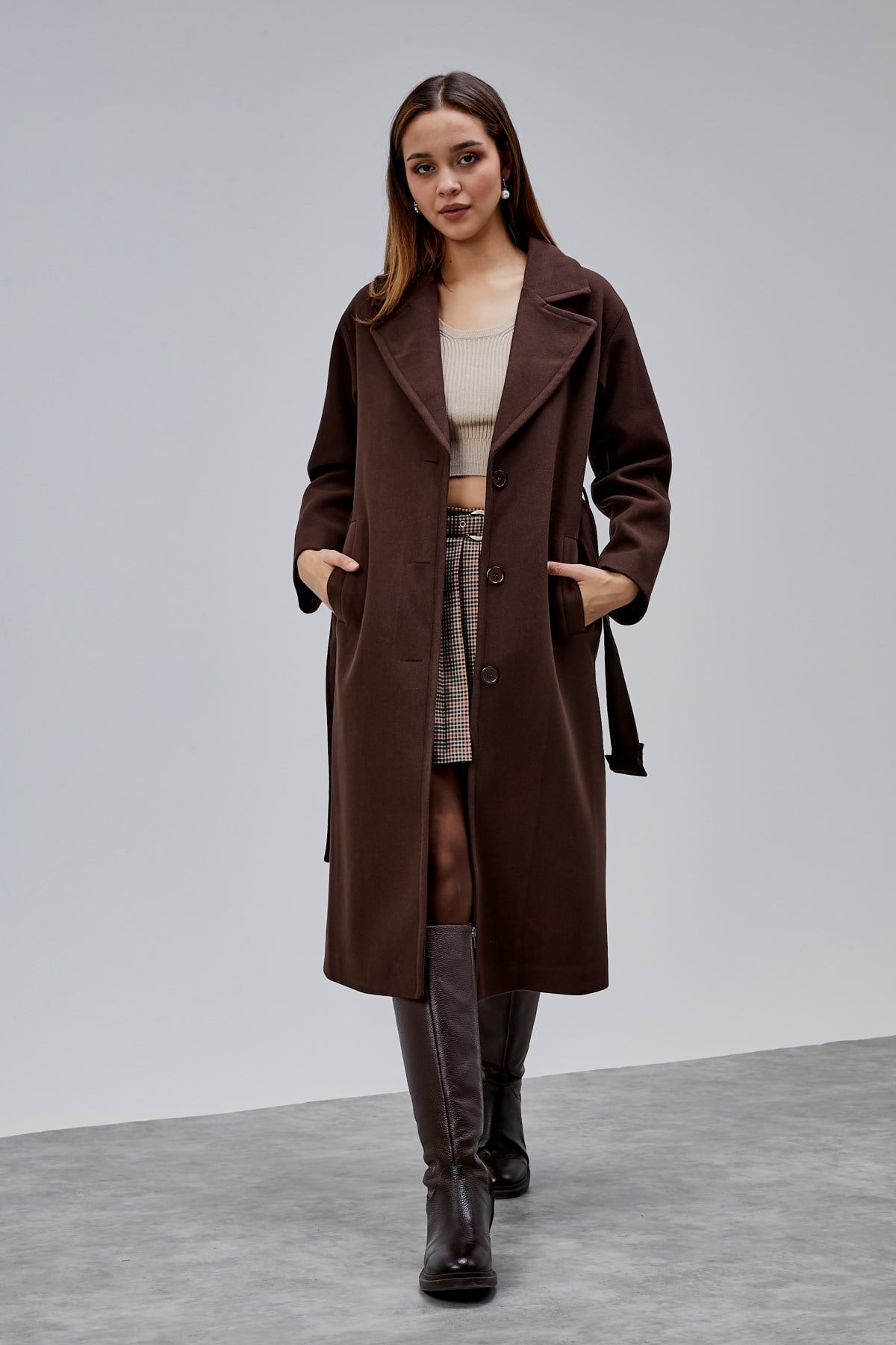 Kahverengi Premium Oversize Kemerli Kaşe Kaban