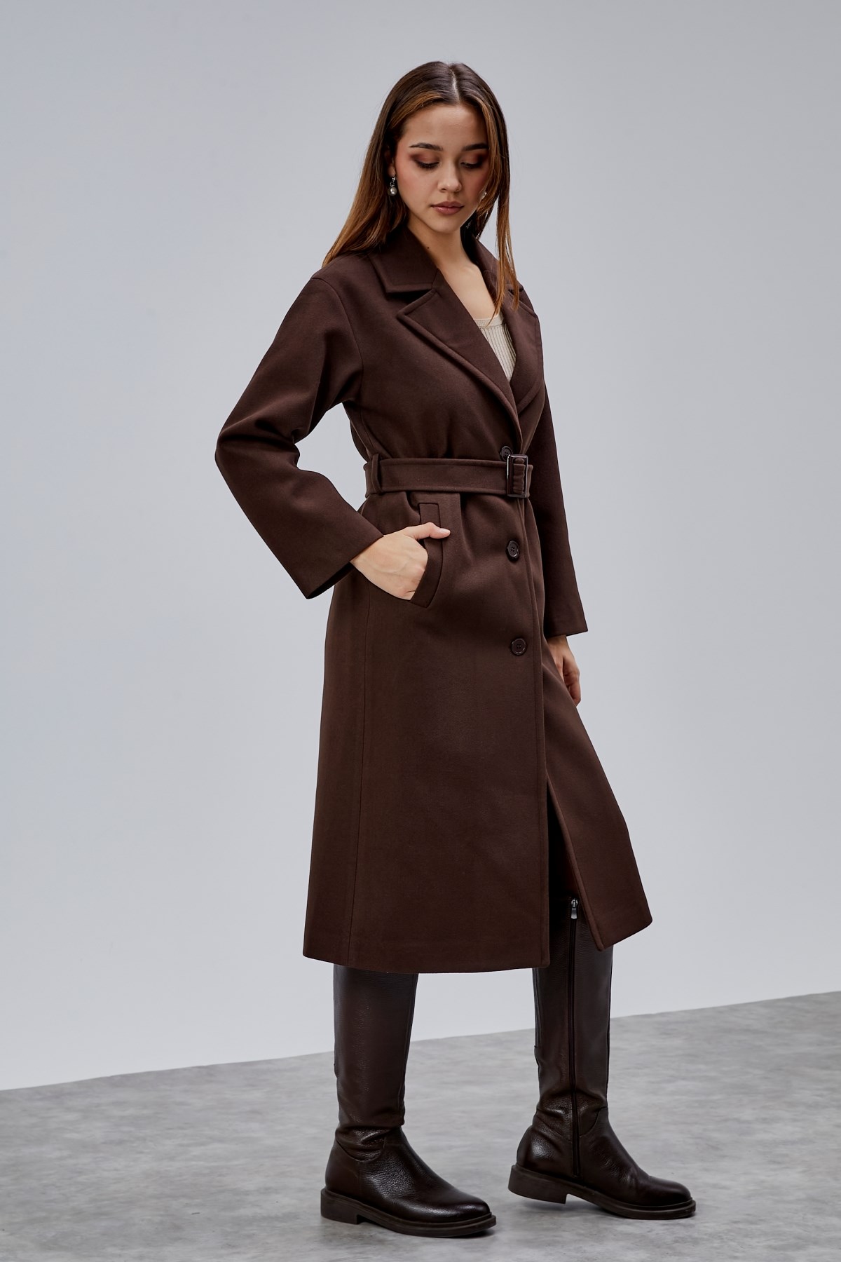 Kahverengi Premium Oversize Kemerli Kaşe Kaban