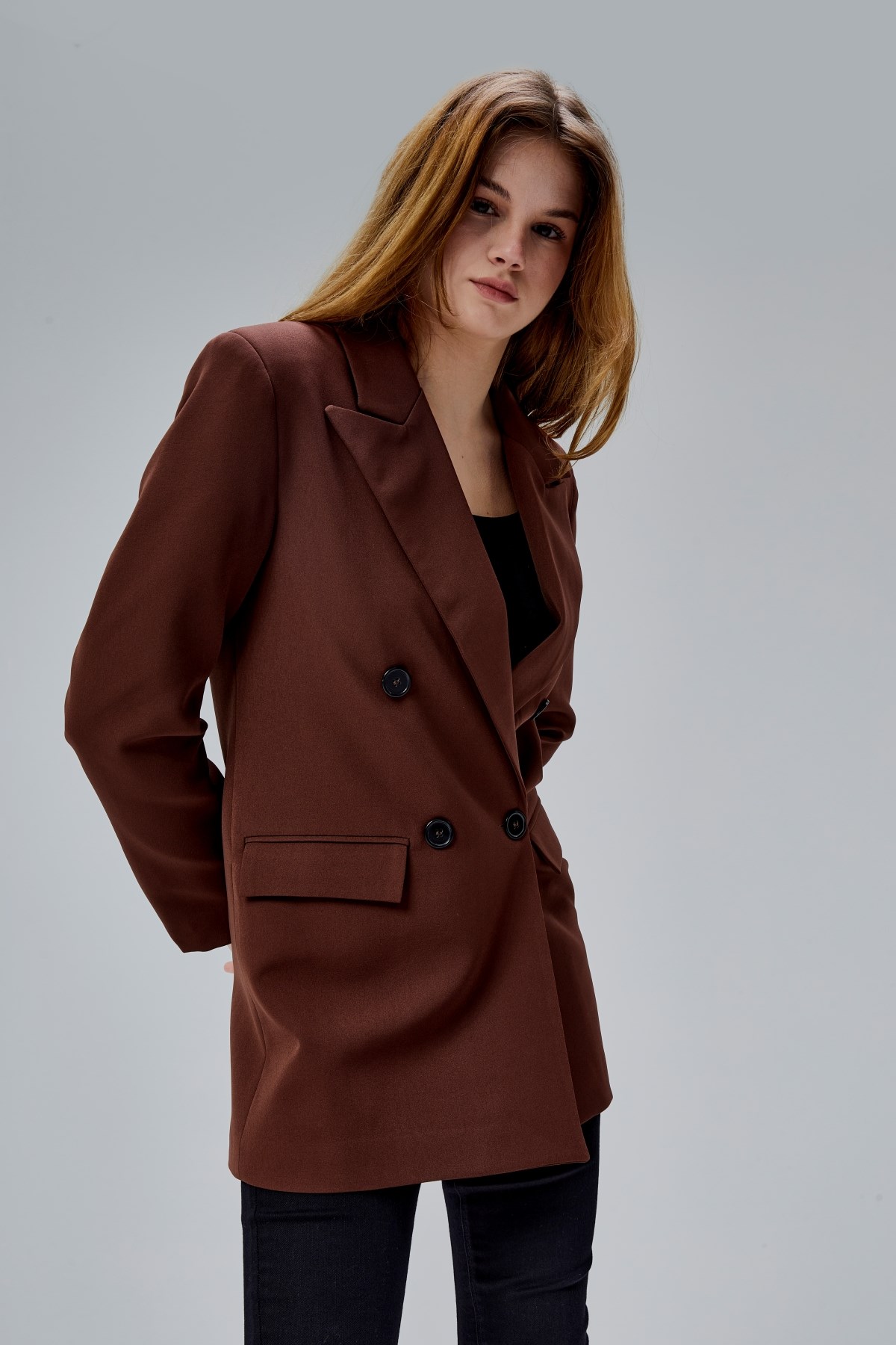 Kahverengi Regular Astarlı Kruvaze Kapama Dokuma Oversize Blazer Ceket