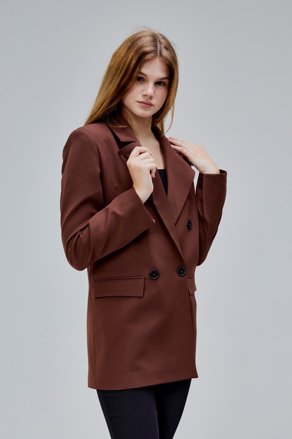 Kahverengi Regular Astarlı Kruvaze Kapama Dokuma Oversize Blazer Ceket