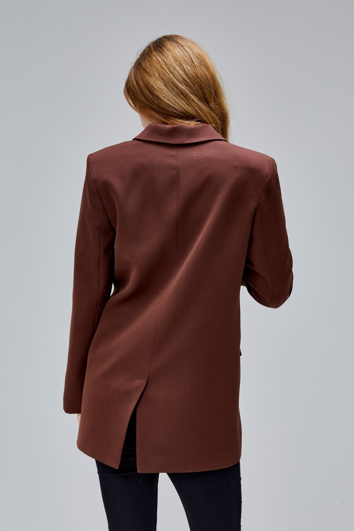 Kahverengi Regular Astarlı Kruvaze Kapama Dokuma Oversize Blazer Ceket