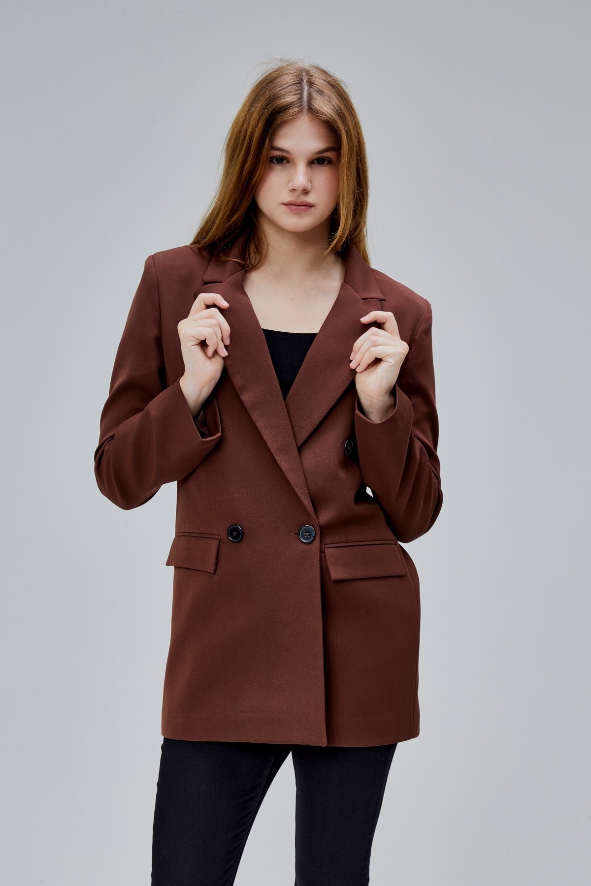Kahverengi Regular Astarlı Kruvaze Kapama Dokuma Oversize Blazer Ceket