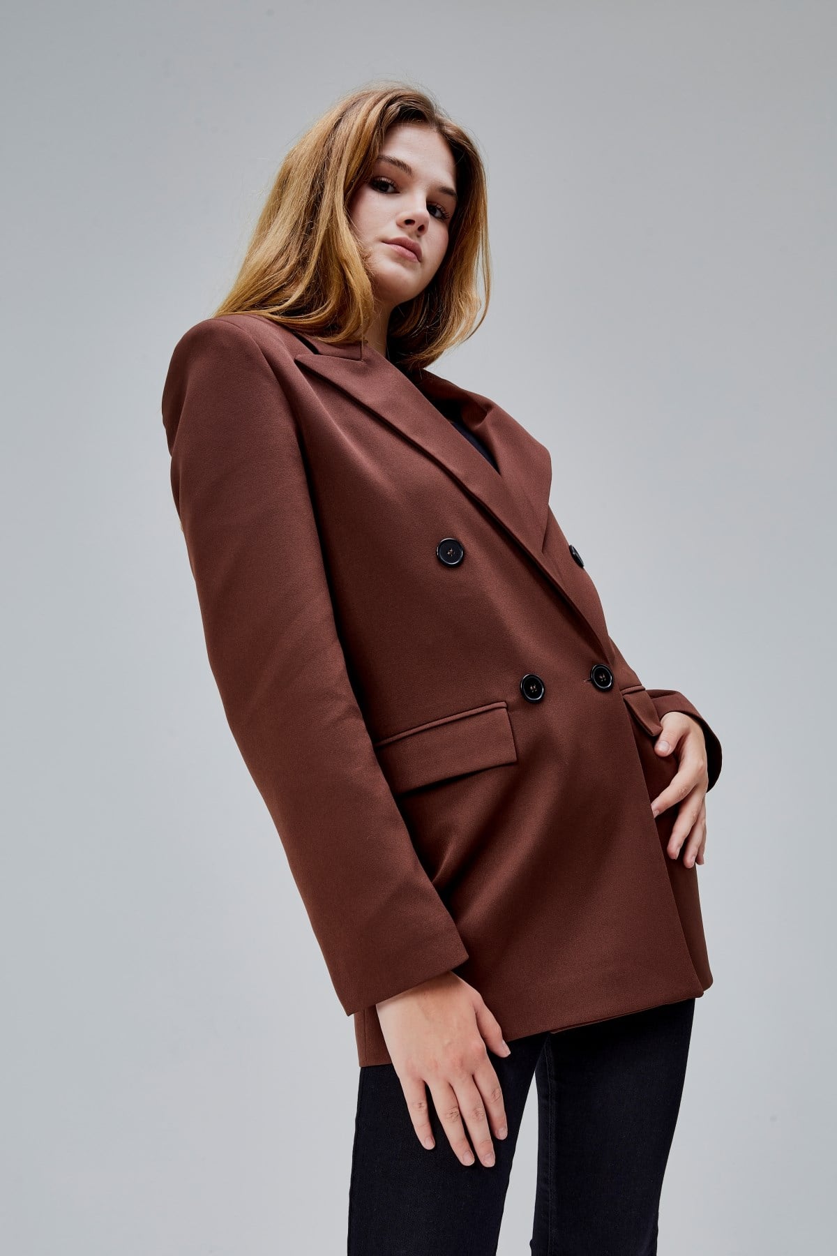 Kahverengi Regular Astarlı Kruvaze Kapama Dokuma Oversize Blazer Ceket