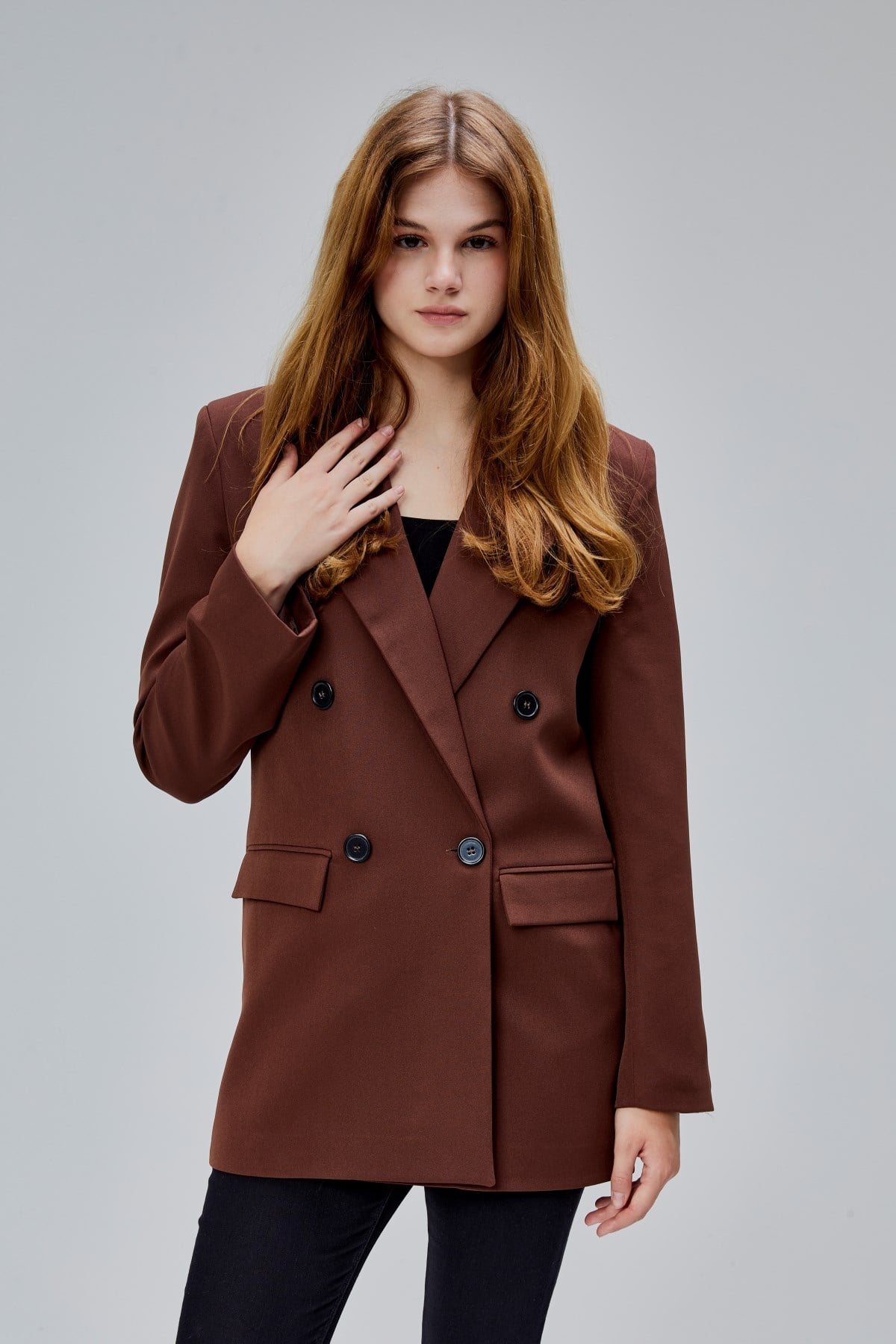 Kahverengi Regular Astarlı Kruvaze Kapama Dokuma Oversize Blazer Ceket