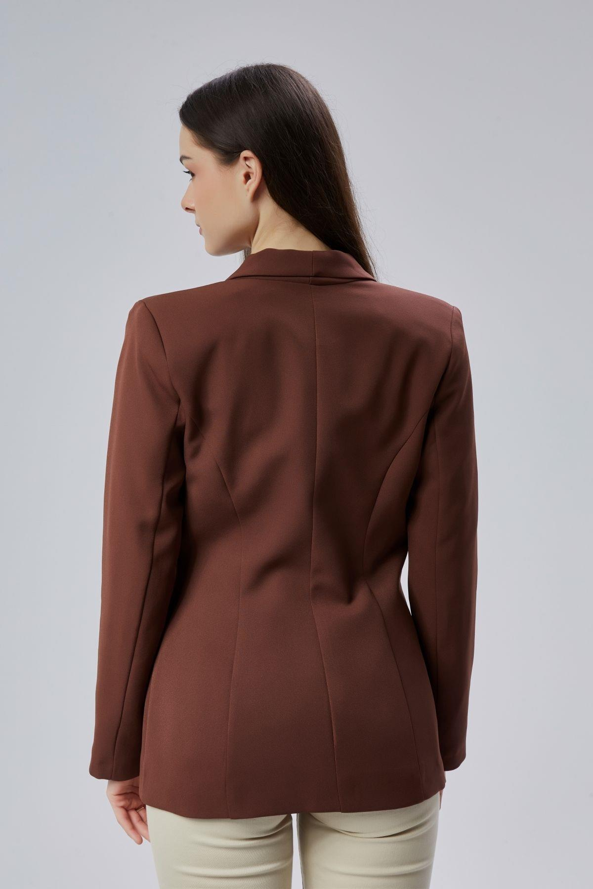 Kahverengi Regular Fit Pile Detaylı Blazer Ceket