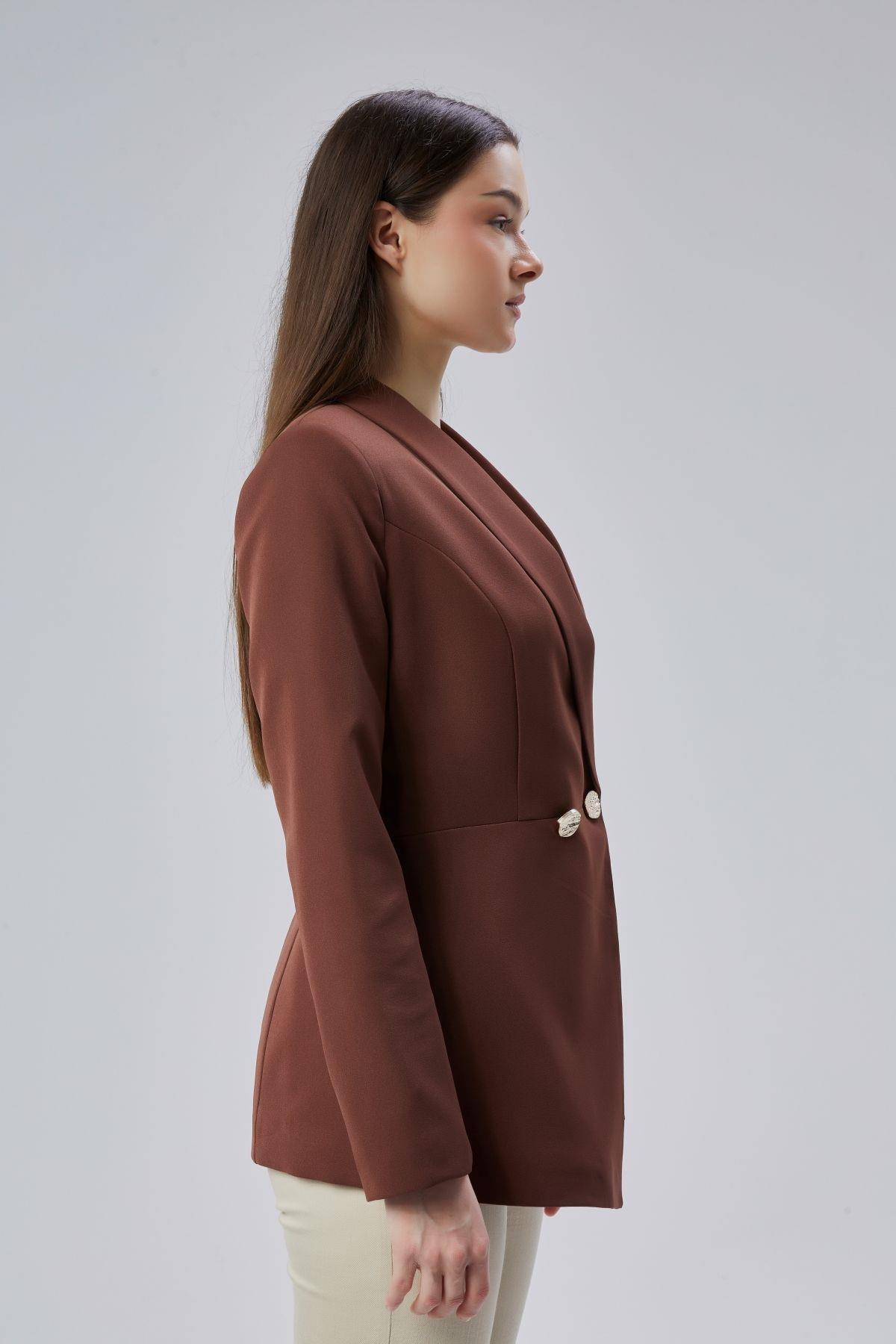 Kahverengi Regular Fit Pile Detaylı Blazer Ceket