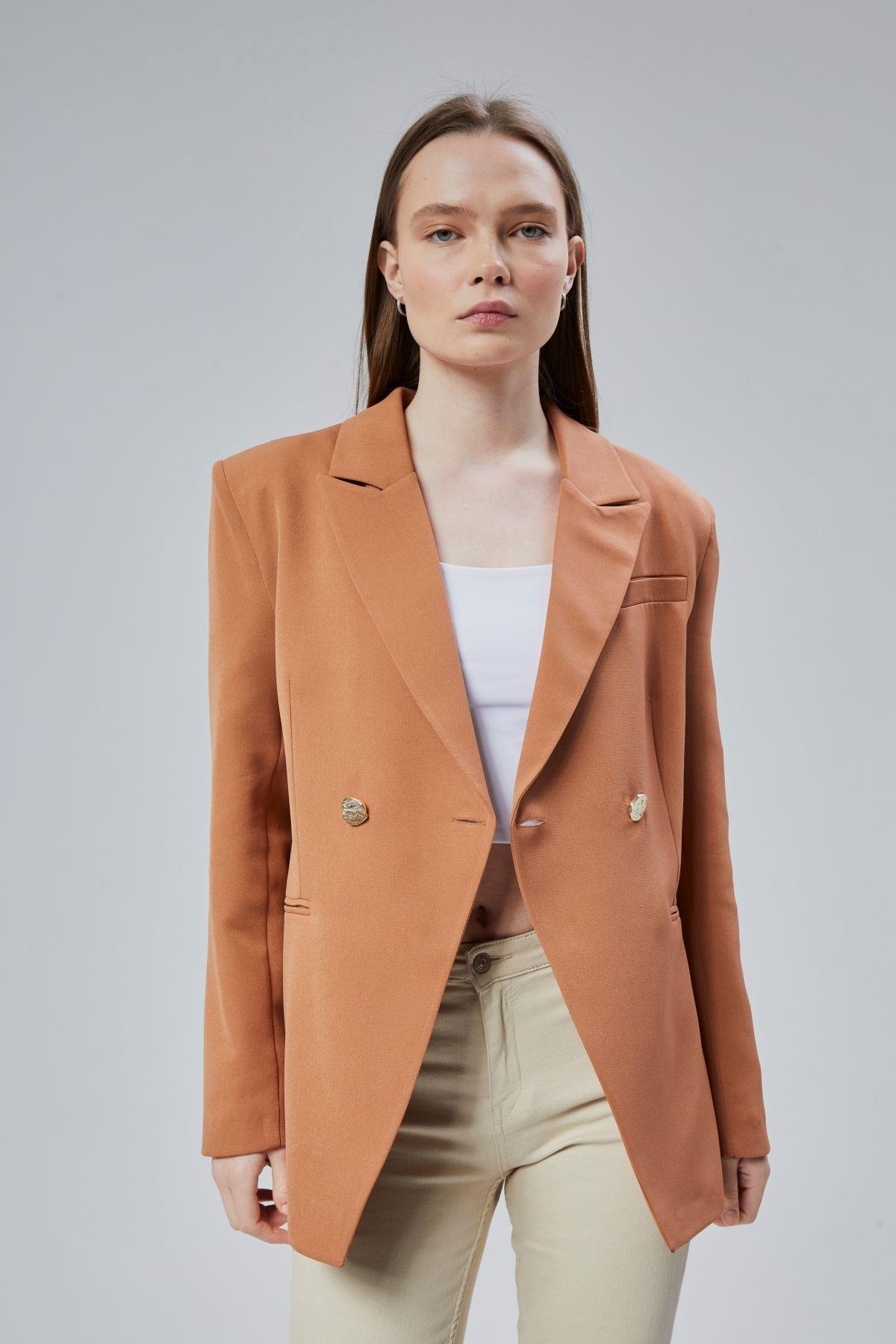Kahverengi Regular Fit Yırtmaç Detaylı Blazer Ceket