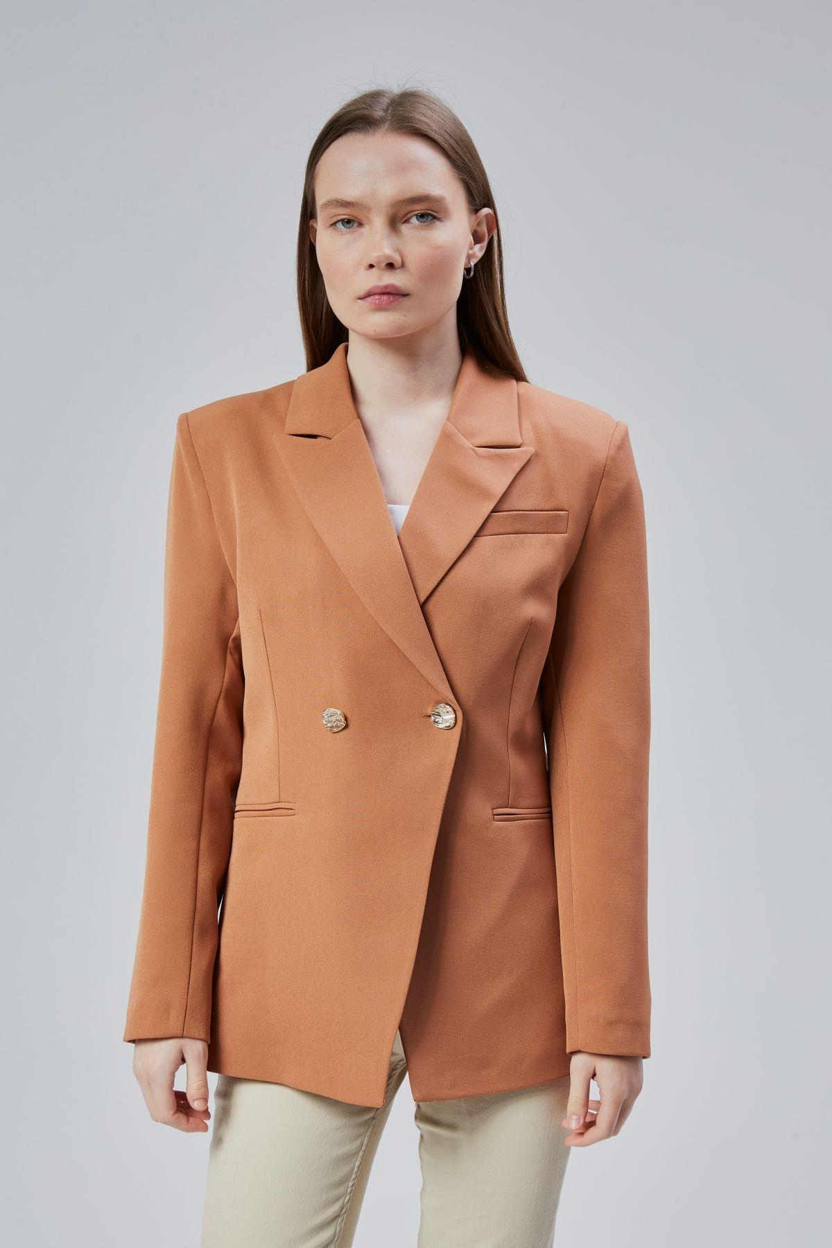 Kahverengi Regular Fit Yırtmaç Detaylı Blazer Ceket