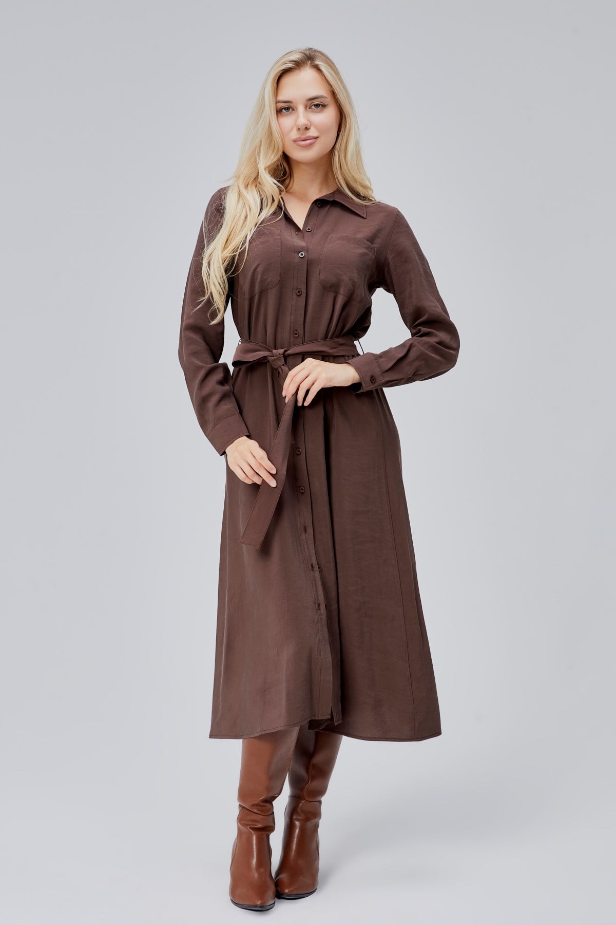 Kahverengi Regular Kemerli Gömlek Elbise