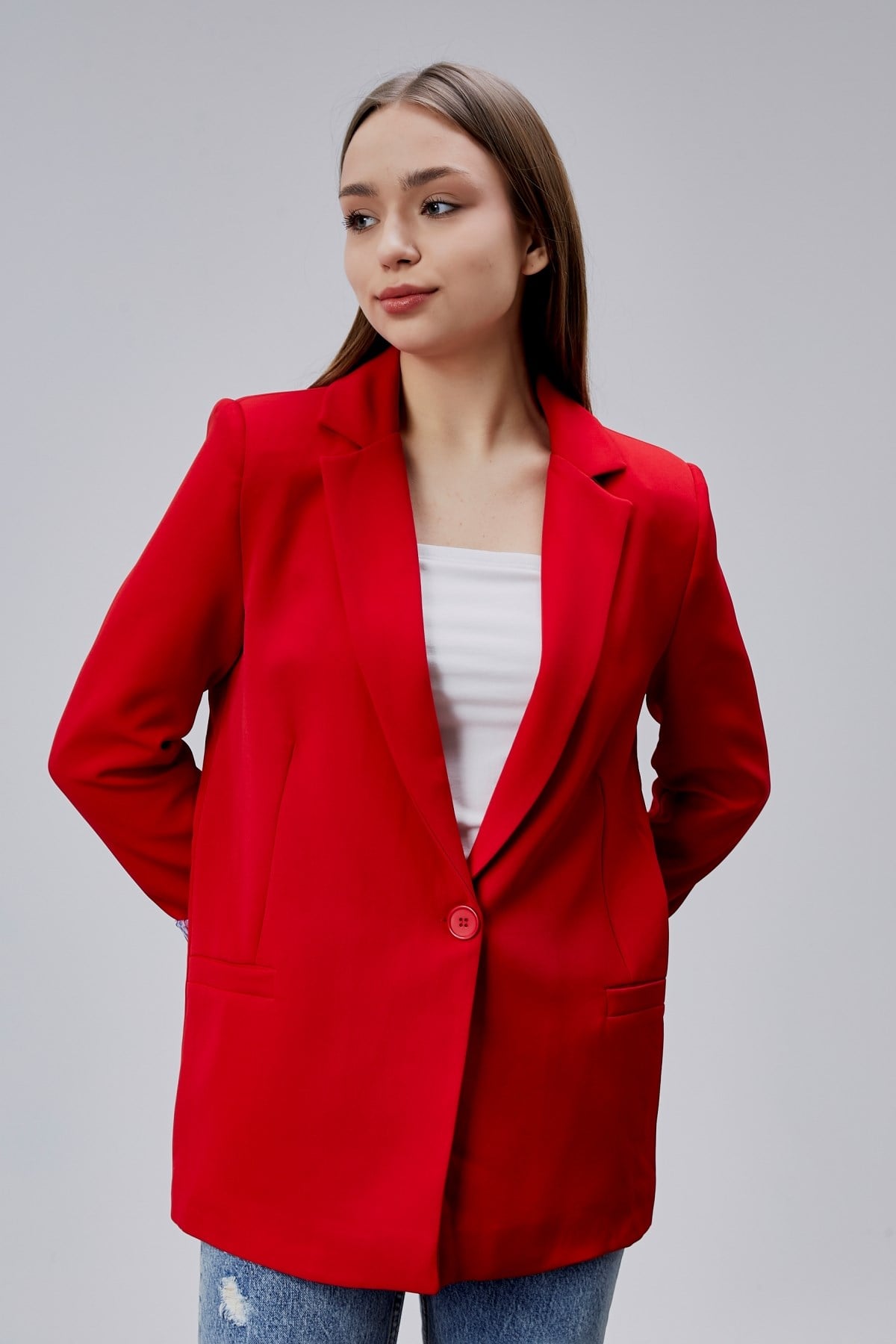 Kırmızı Kruvaze Yaka Kolu Katlama Detaylı Regular Vatkalı Blazer Ceket