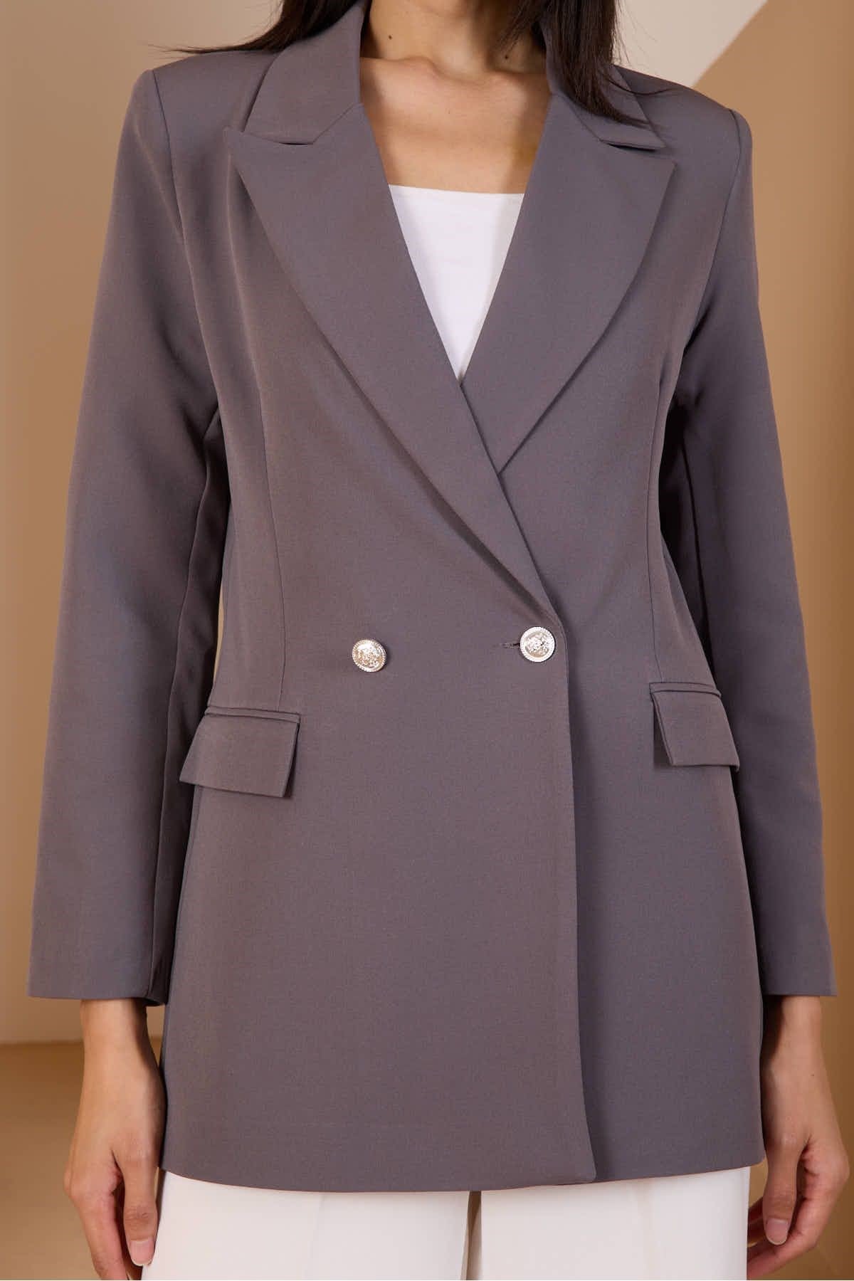 Koyu Gri Oversize Dokuma Blazer Ceket
