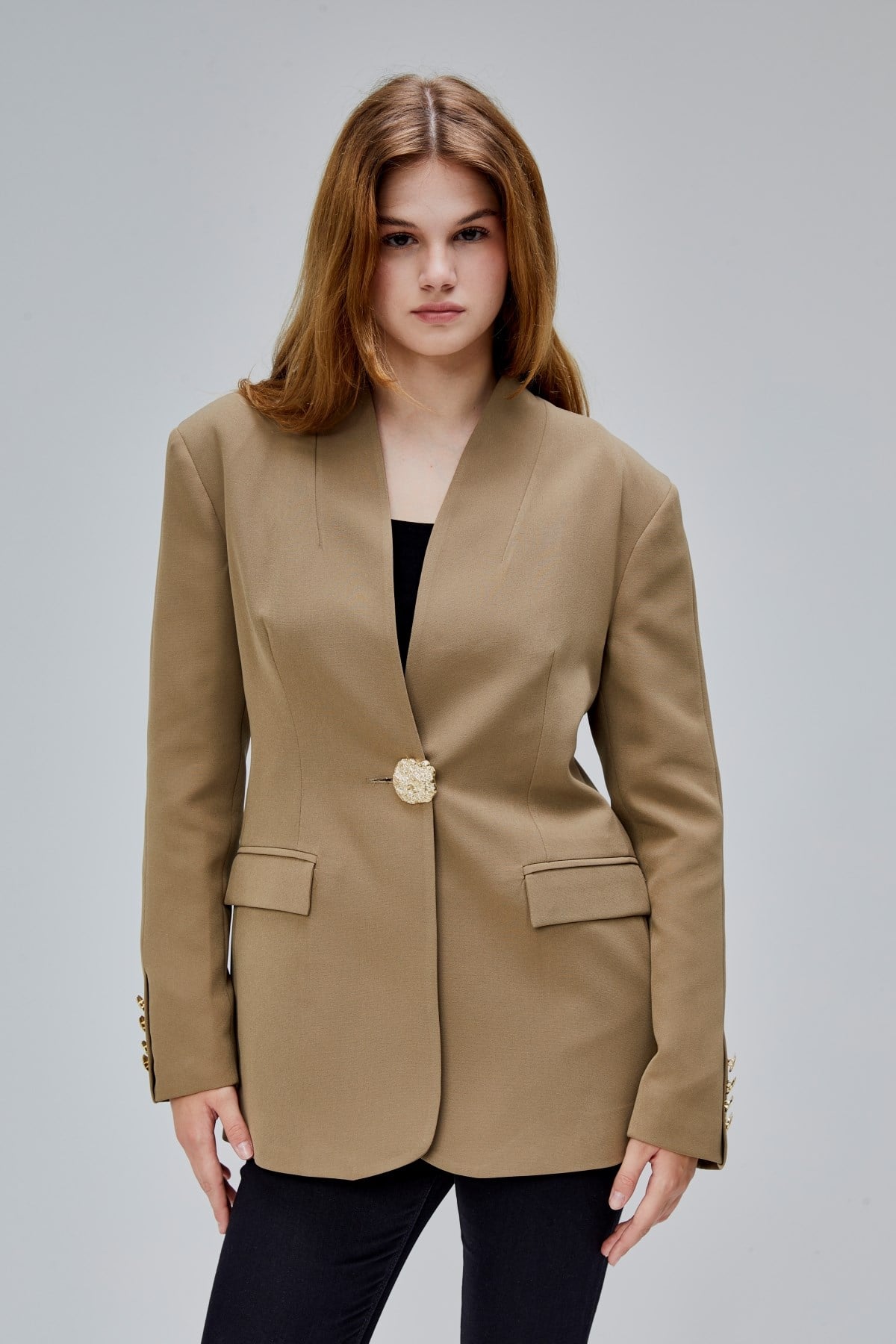 Koyu Haki Salaş Kesim Düğme Detaylı Dokuma Blazer Ceket