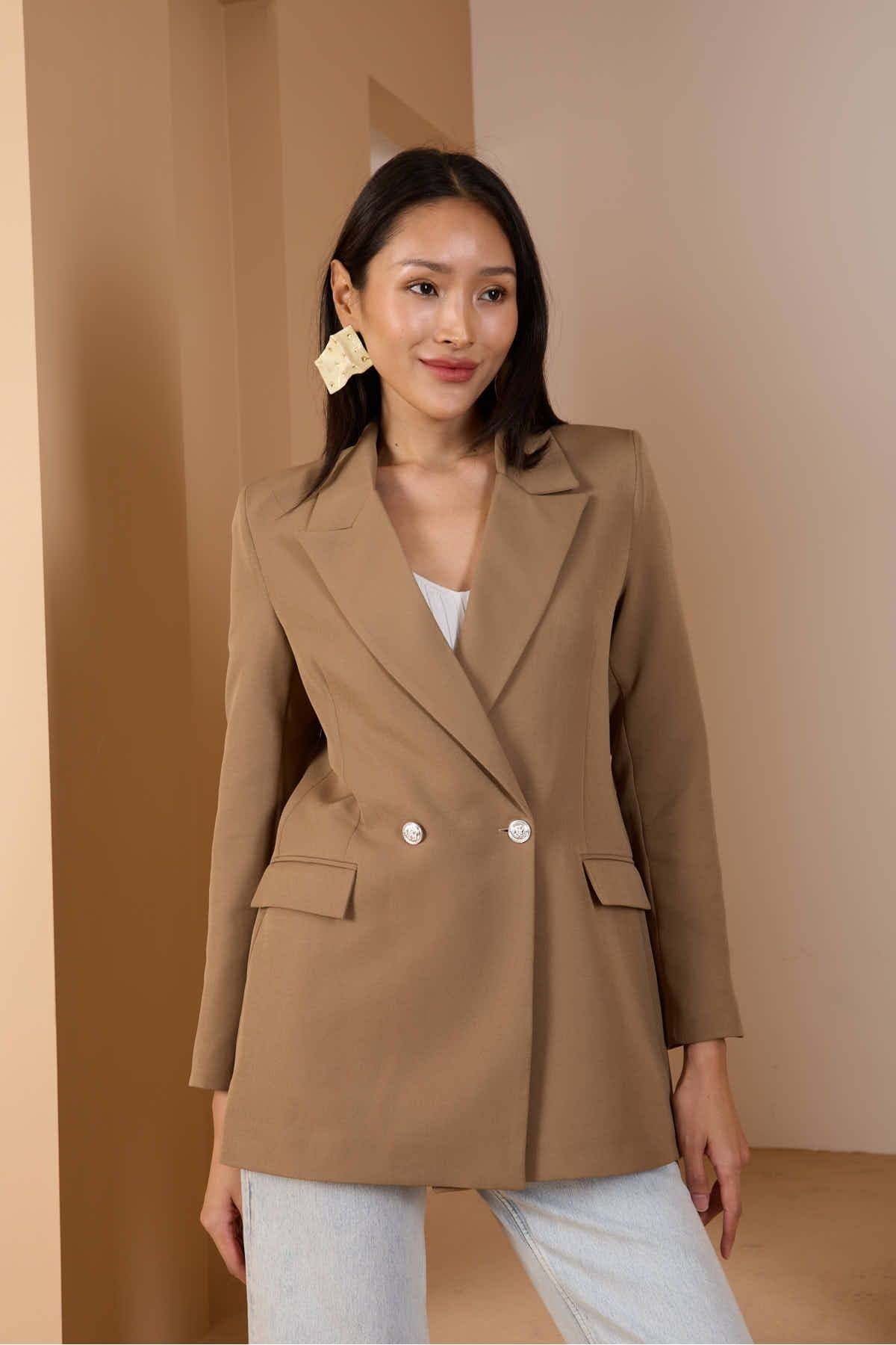 Koyu Vizon Oversize Dokuma Blazer Ceket