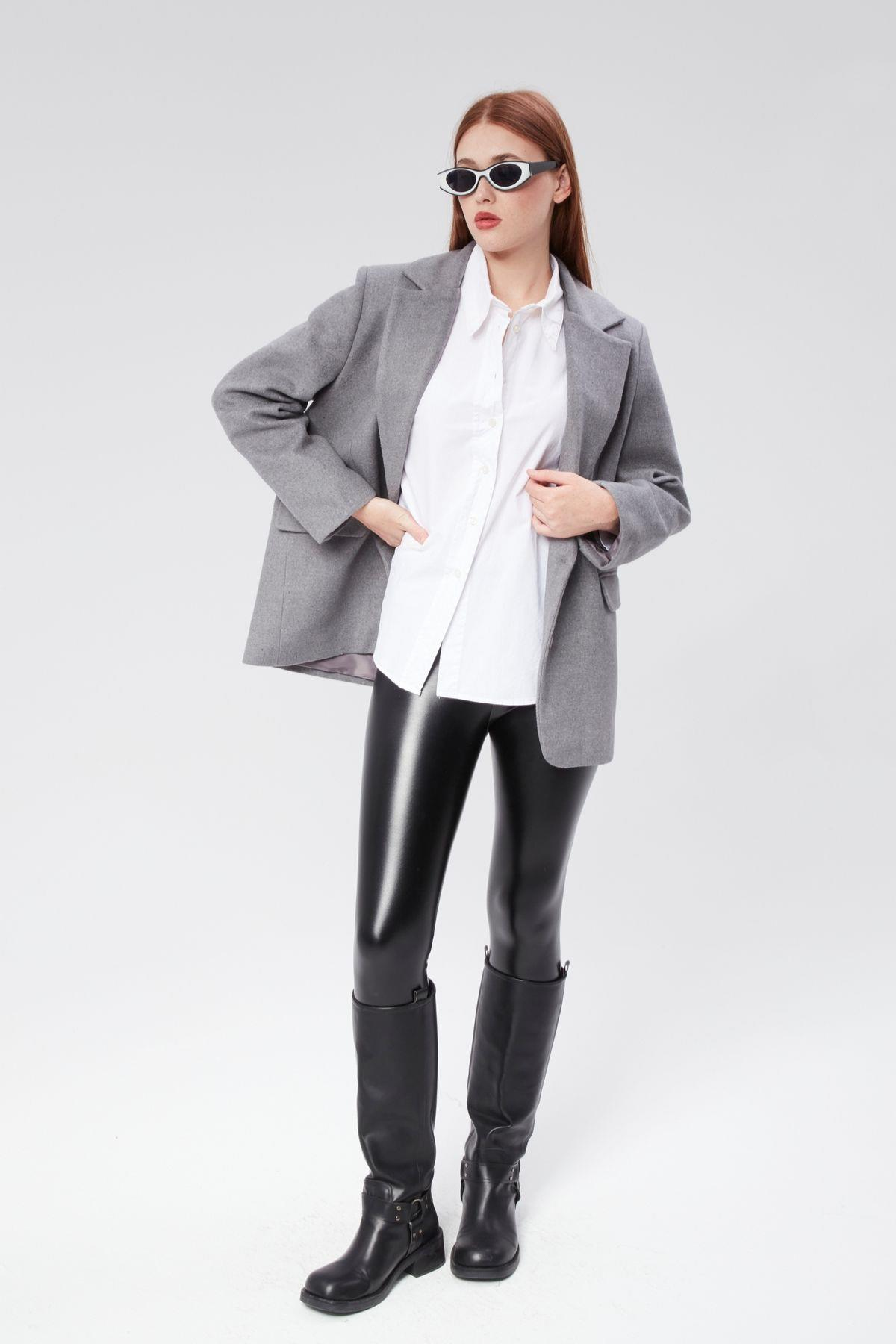 Kruvaze Yaka Regular Fit Kaşe Ceket