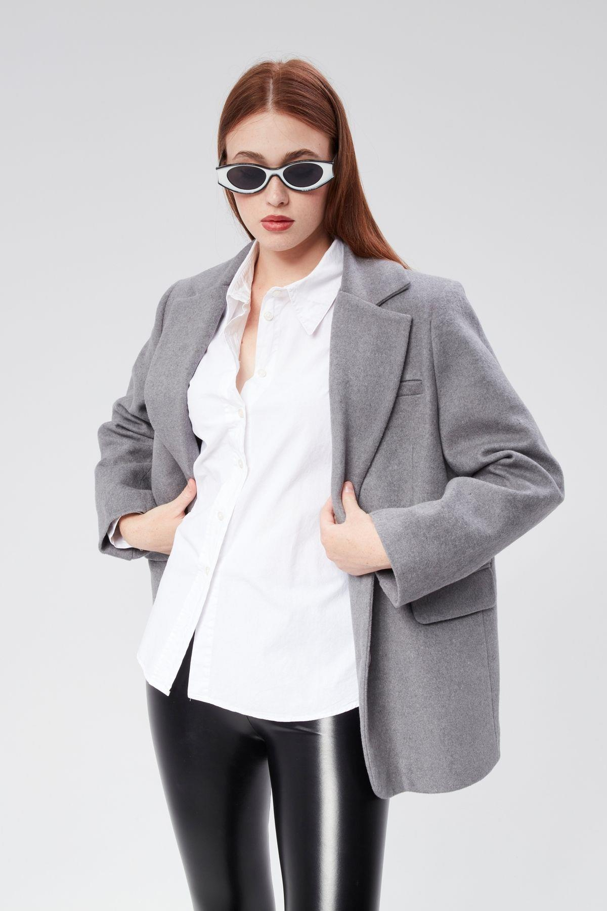 Kruvaze Yaka Regular Fit Kaşe Ceket