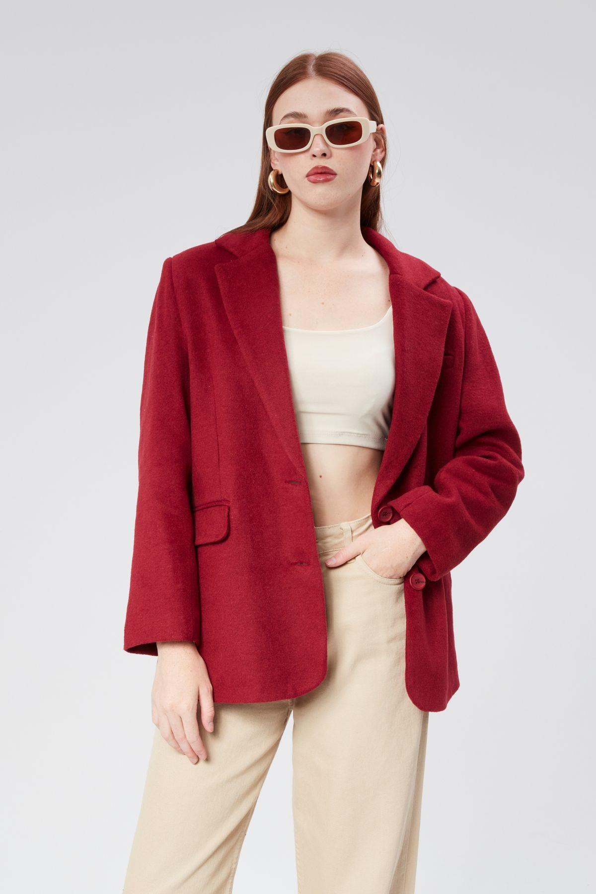 Kruvaze Yaka Regular Fit Kaşe Ceket
