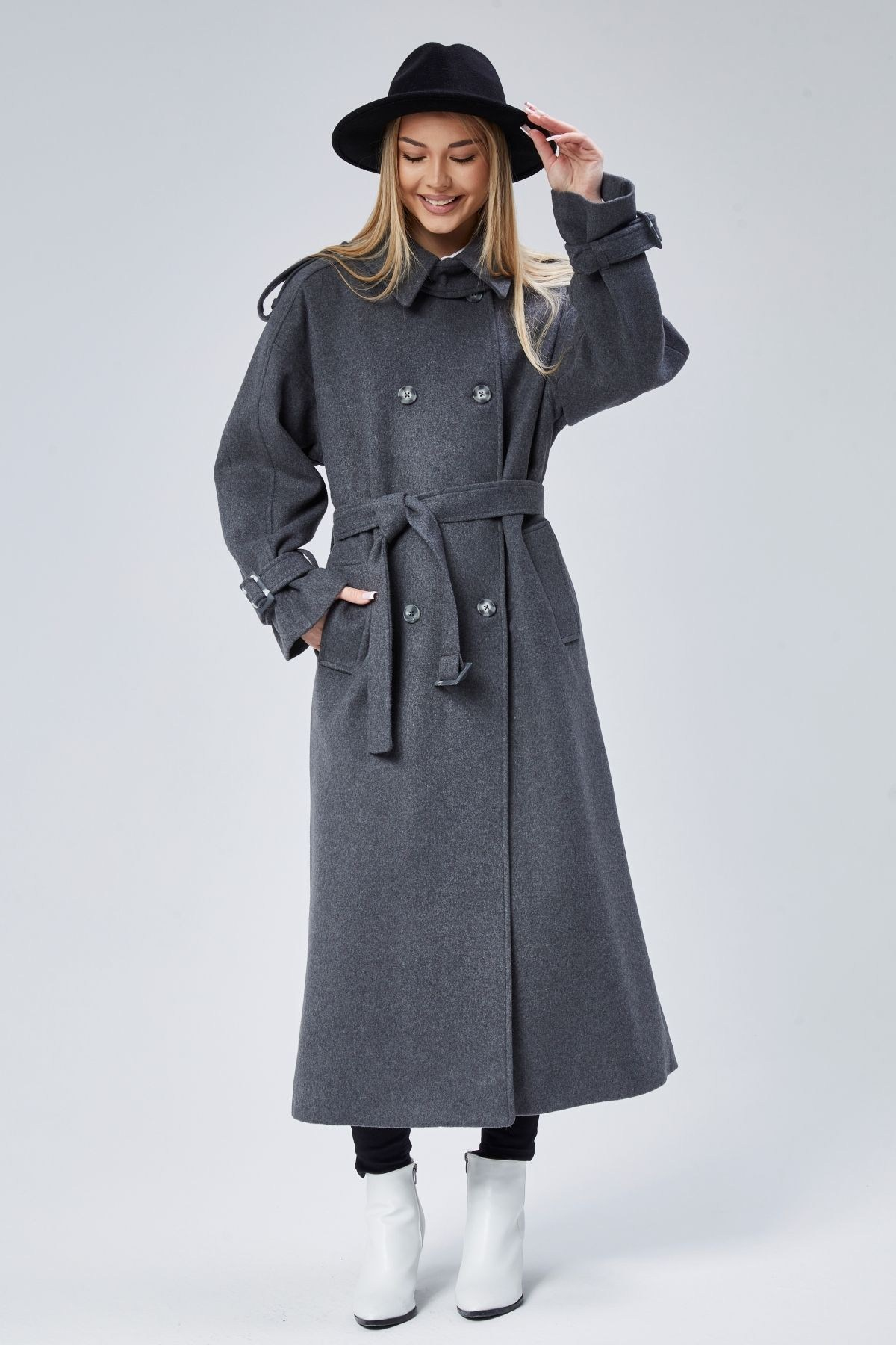 Kuşaklı Oversize Kaşe Kaban