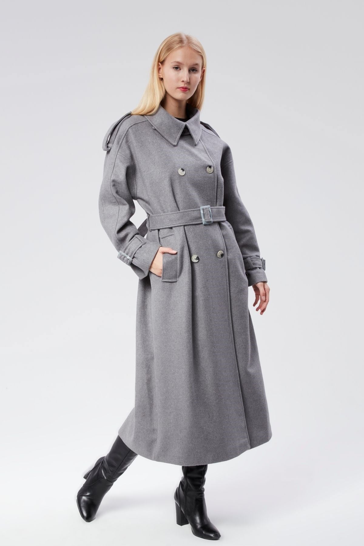 Kuşaklı Oversize Kaşe Kaban