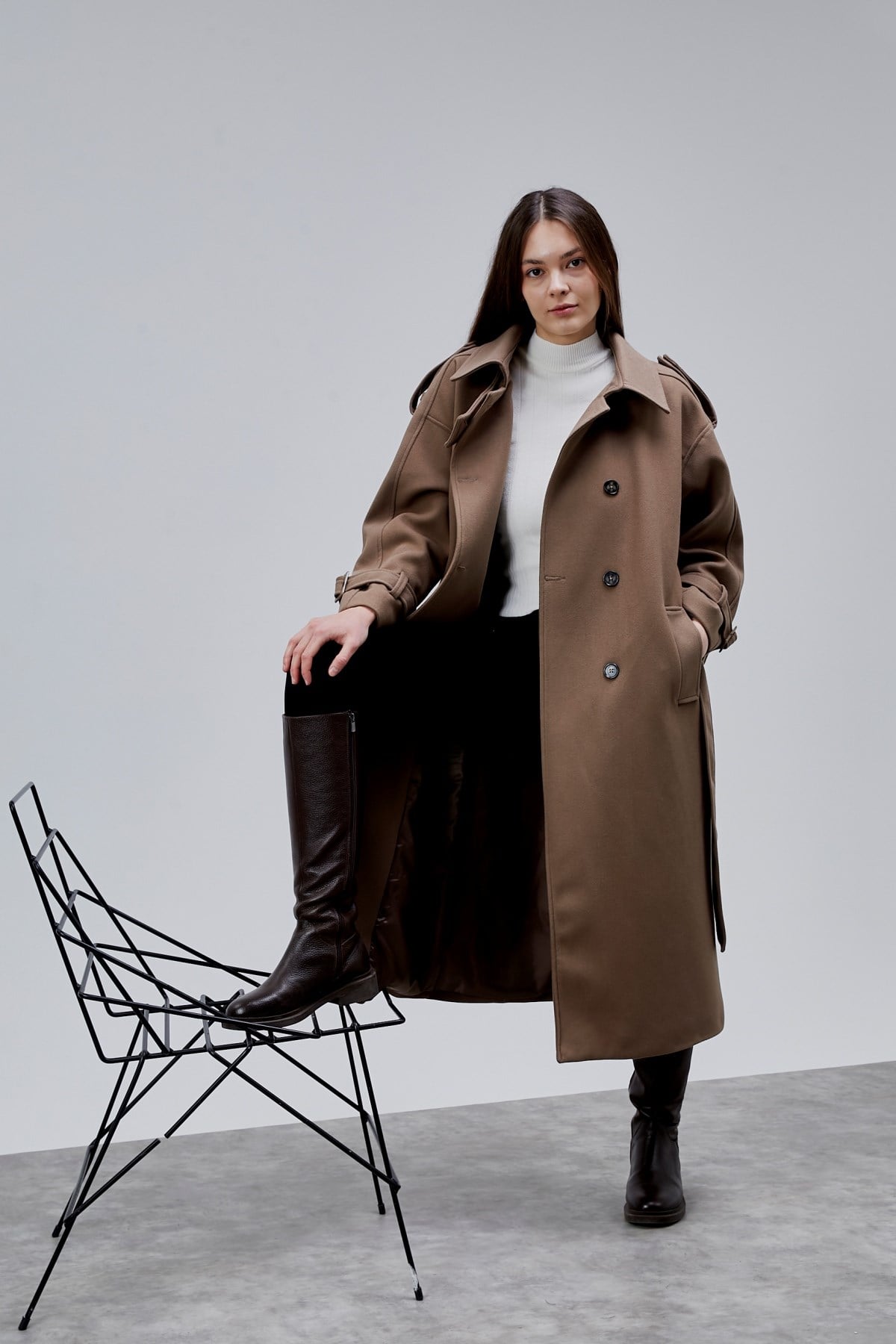 Kuşaklı Oversize Kaşe Kaban