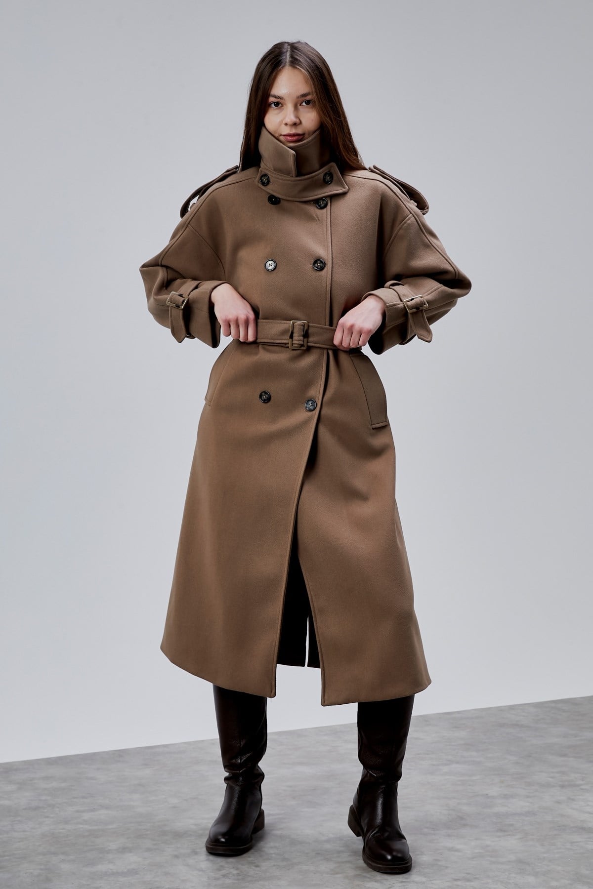 Kuşaklı Oversize Kaşe Kaban