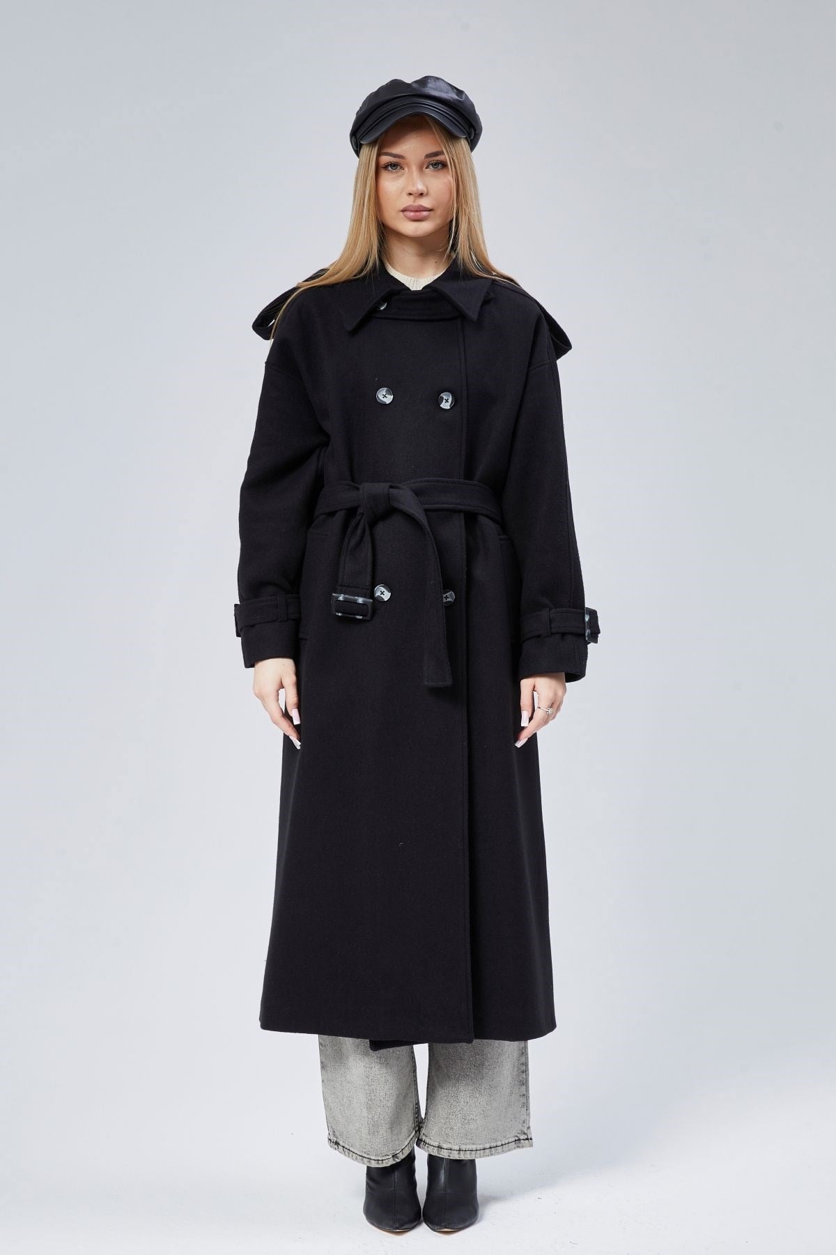 Kuşaklı Oversize Kaşe Kaban
