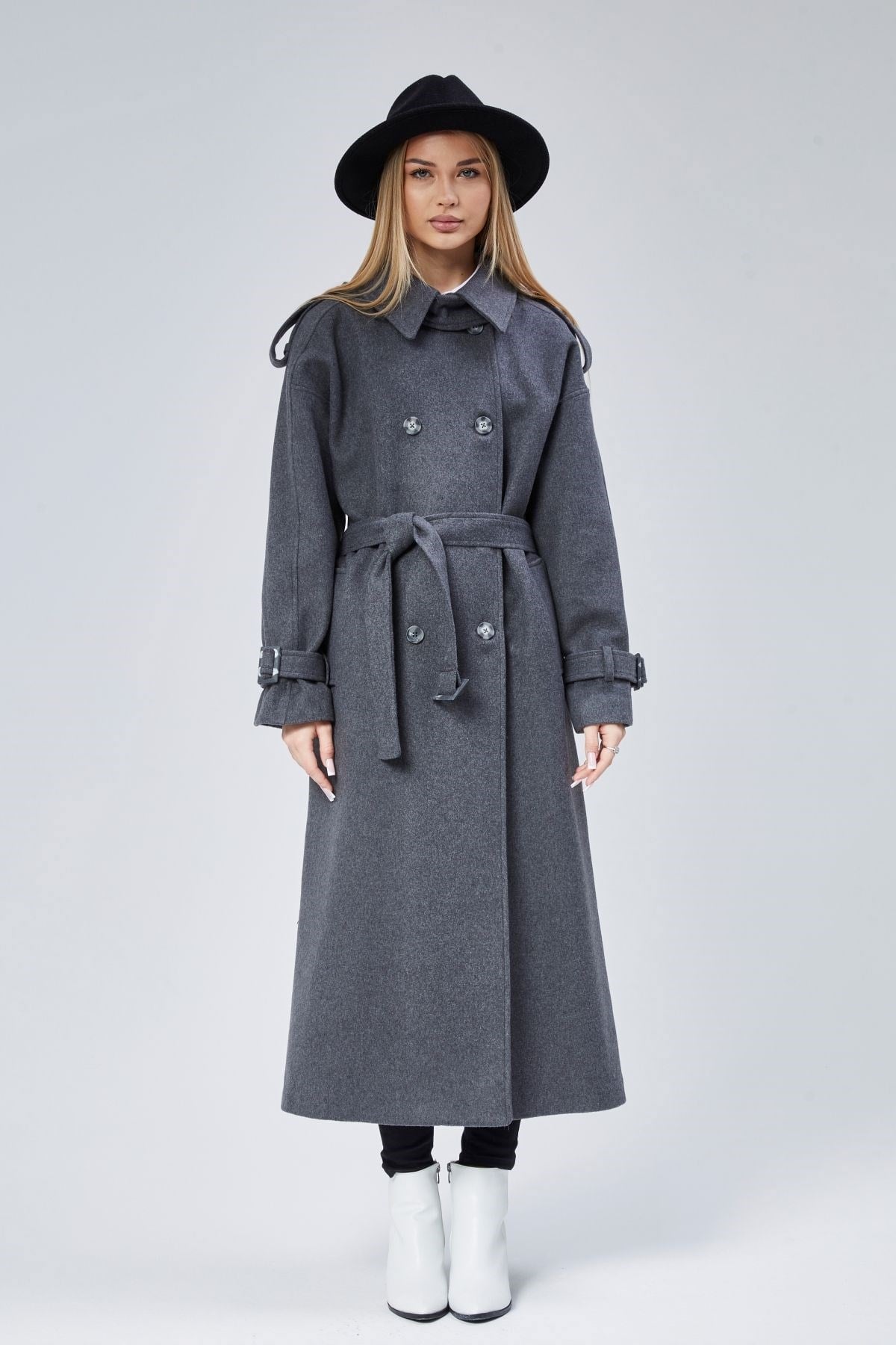 Kuşaklı Oversize Kaşe Kaban