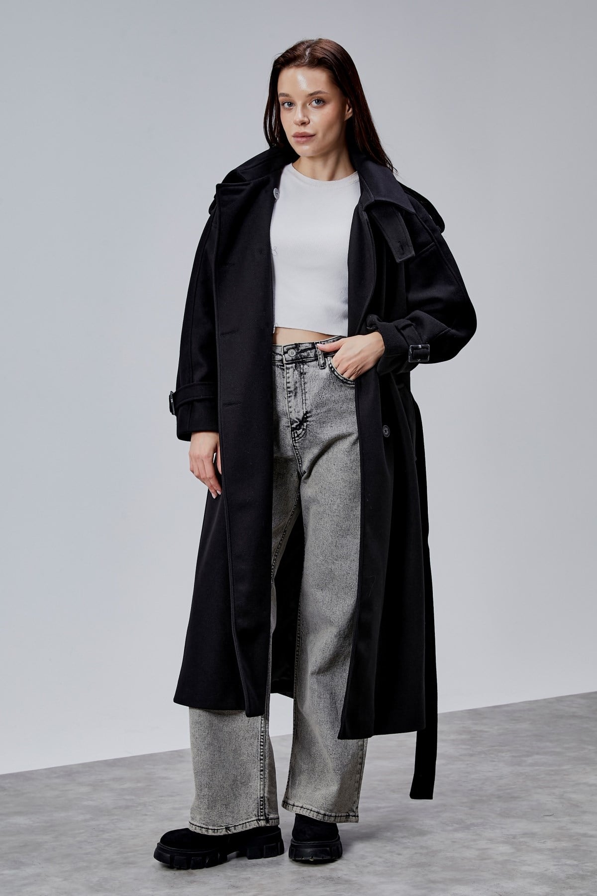 Kuşaklı Oversize Kaşe Kaban