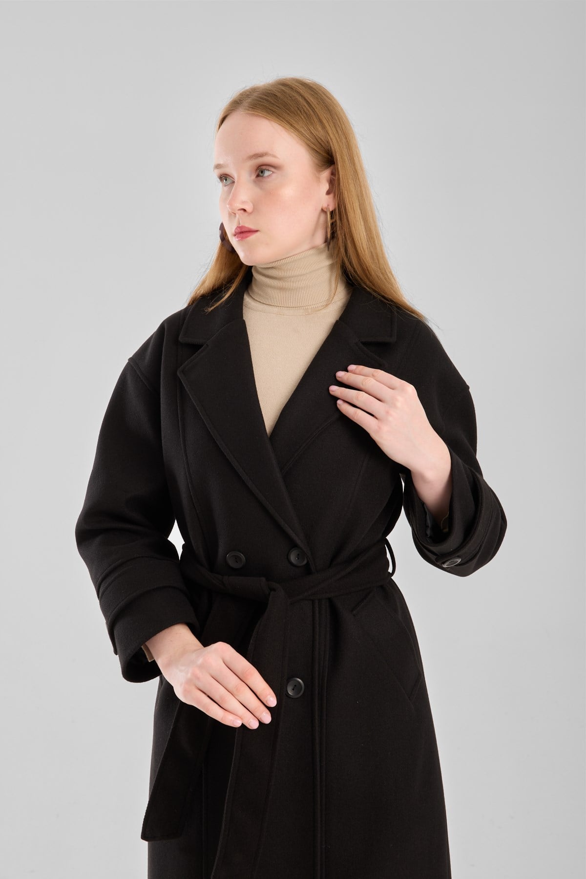Kuşaklı Oversize Kaşe Kaban