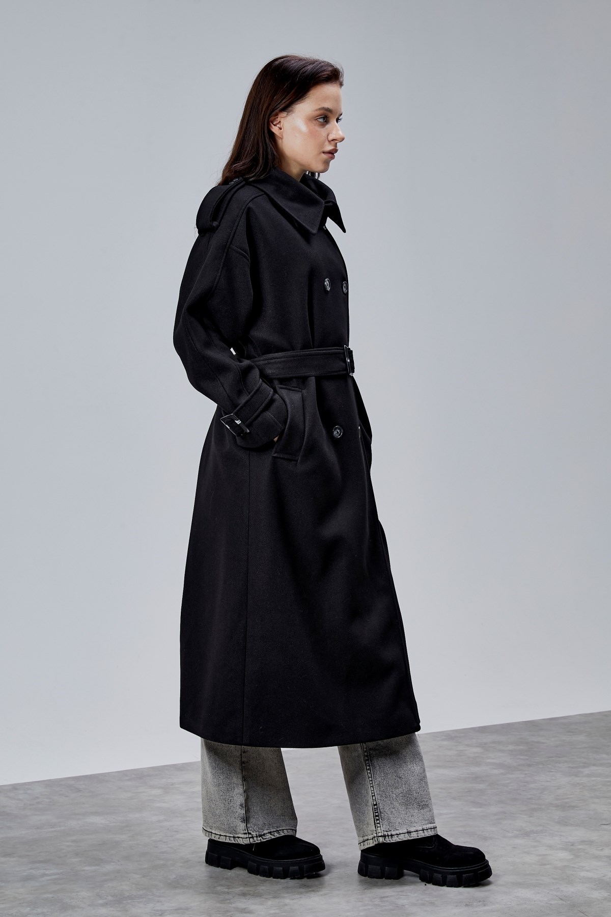 Kuşaklı Oversize Kaşe Kaban