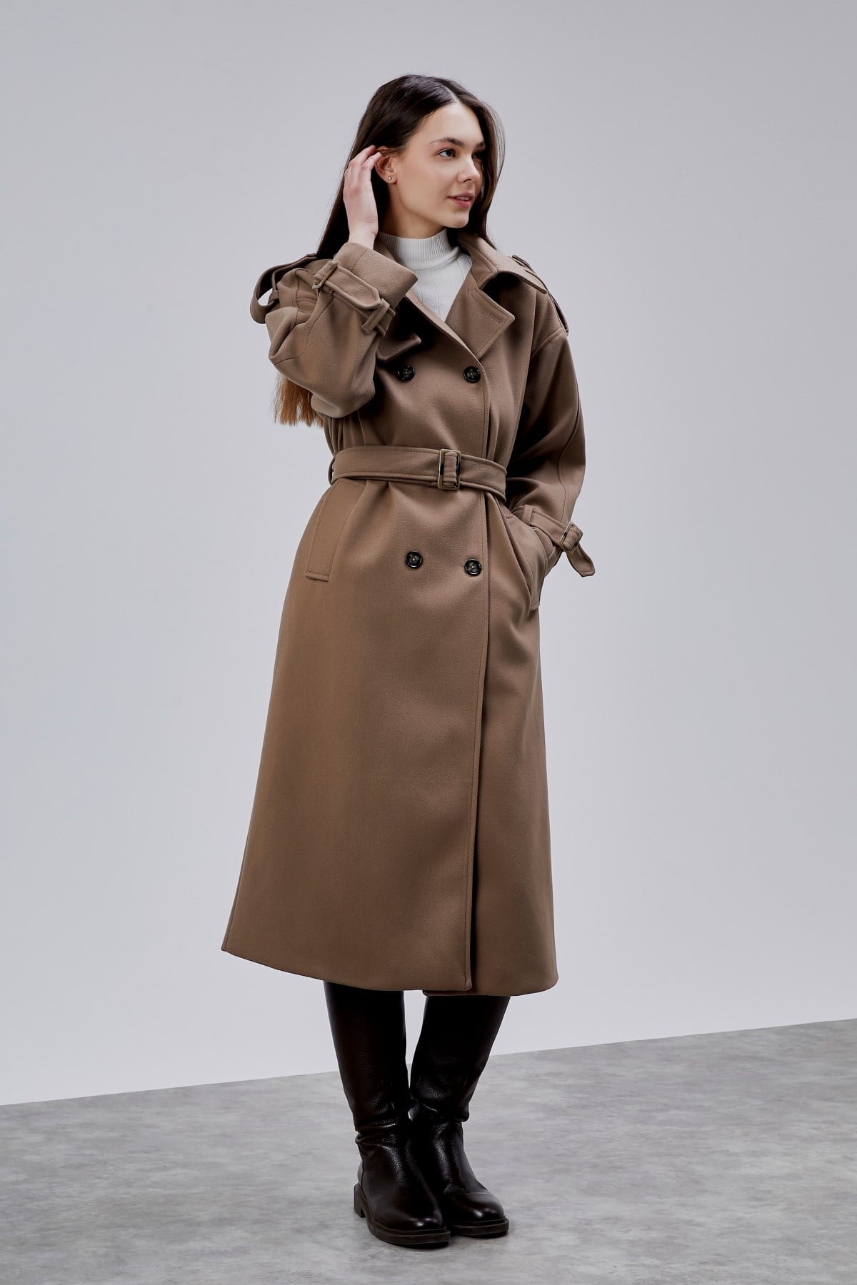 Kuşaklı Oversize Kaşe Kaban
