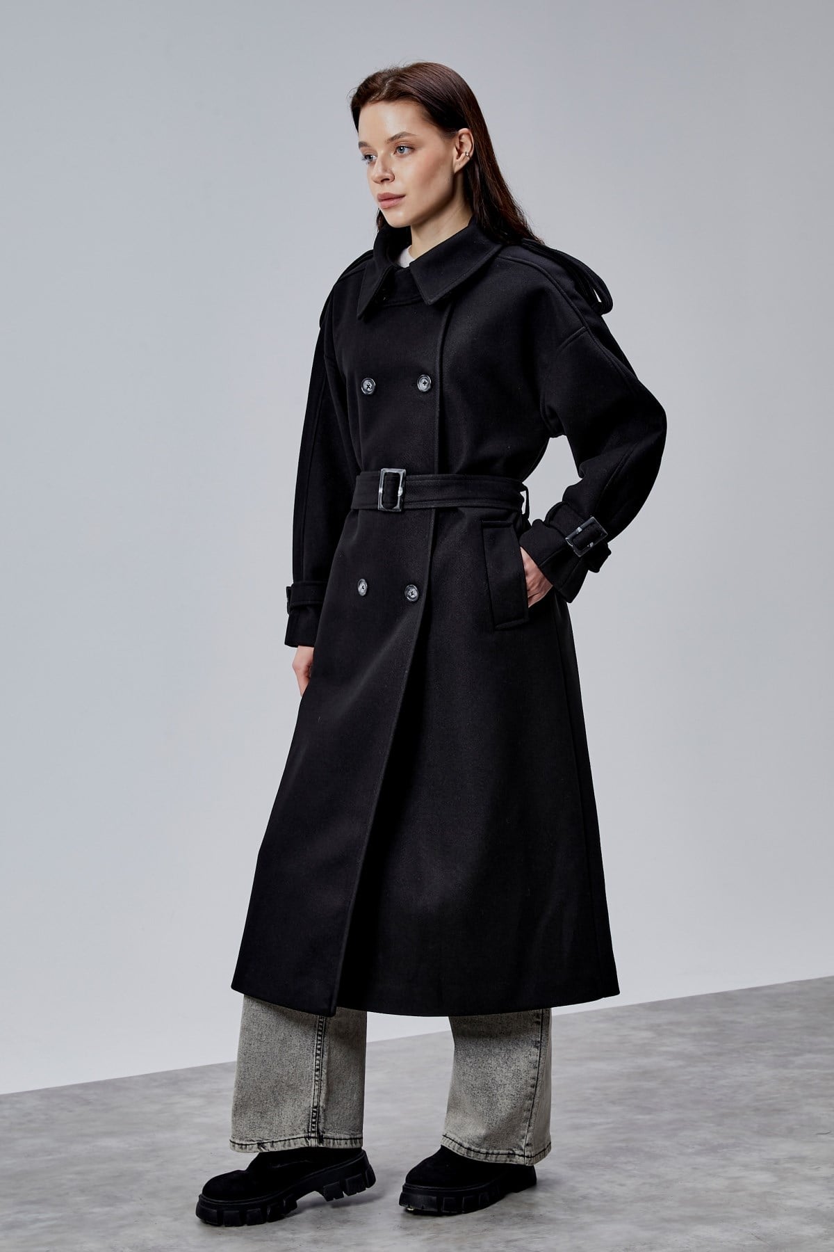 Kuşaklı Oversize Kaşe Kaban