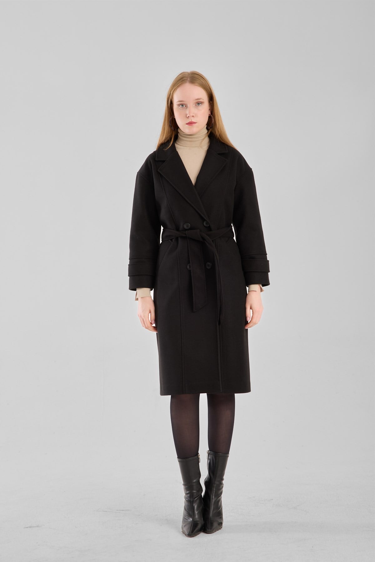 Kuşaklı Oversize Kaşe Kaban