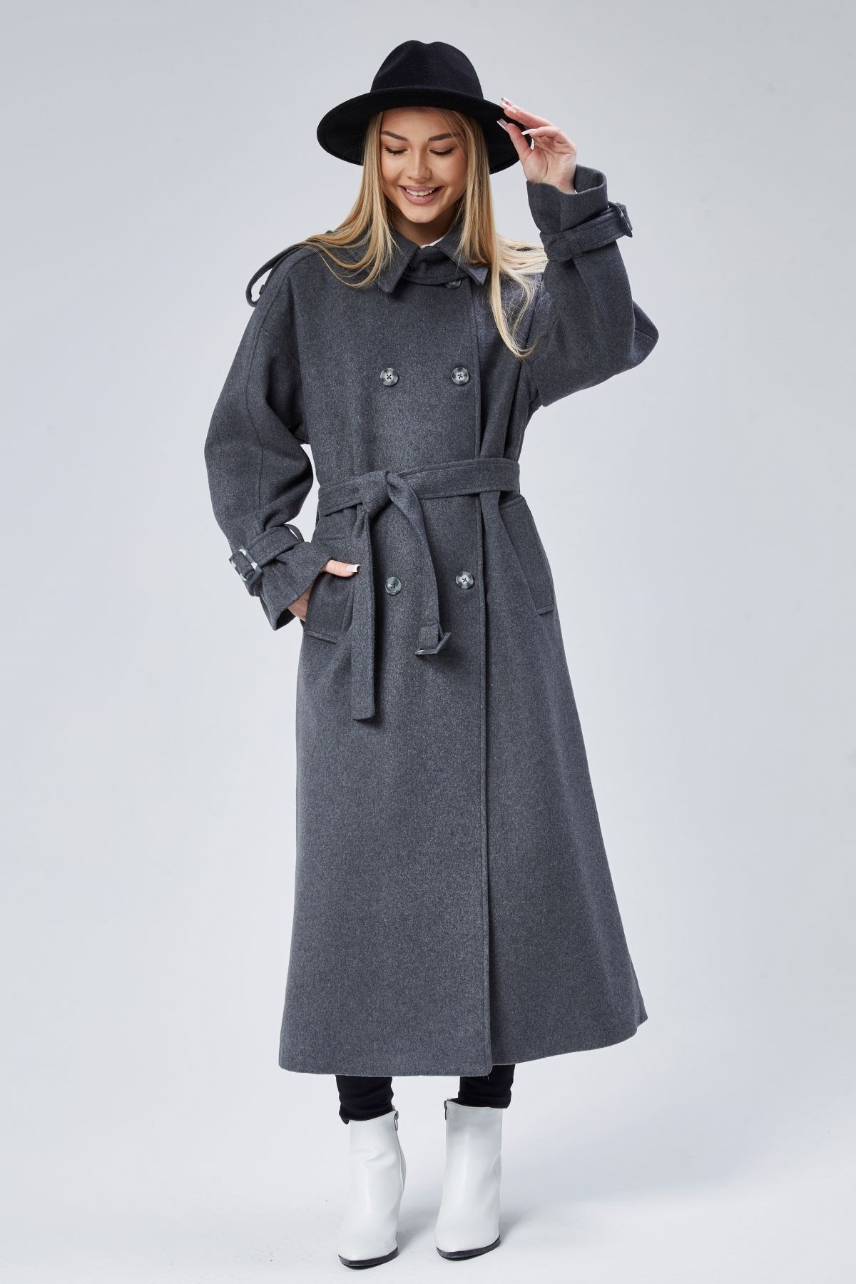 Kuşaklı Oversize Kaşe Kaban