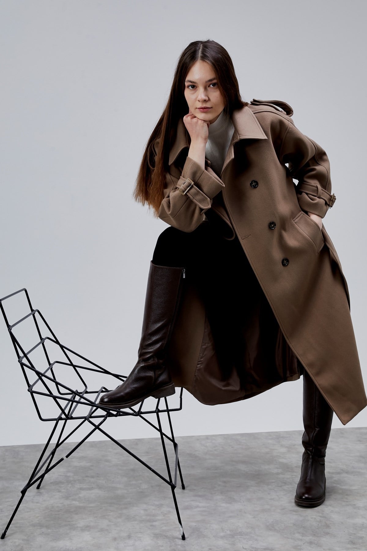 Kuşaklı Oversize Kaşe Kaban