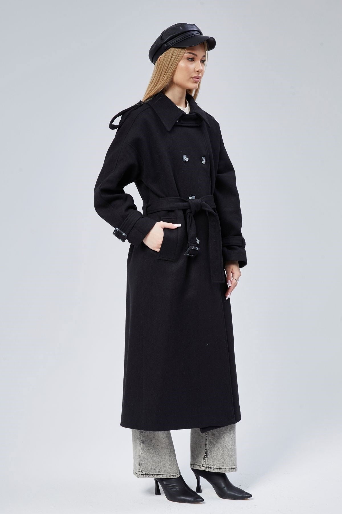 Kuşaklı Oversize Kaşe Kaban
