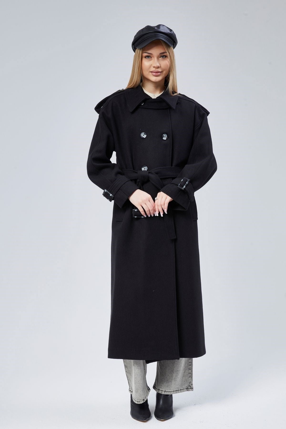 Kuşaklı Oversize Kaşe Kaban