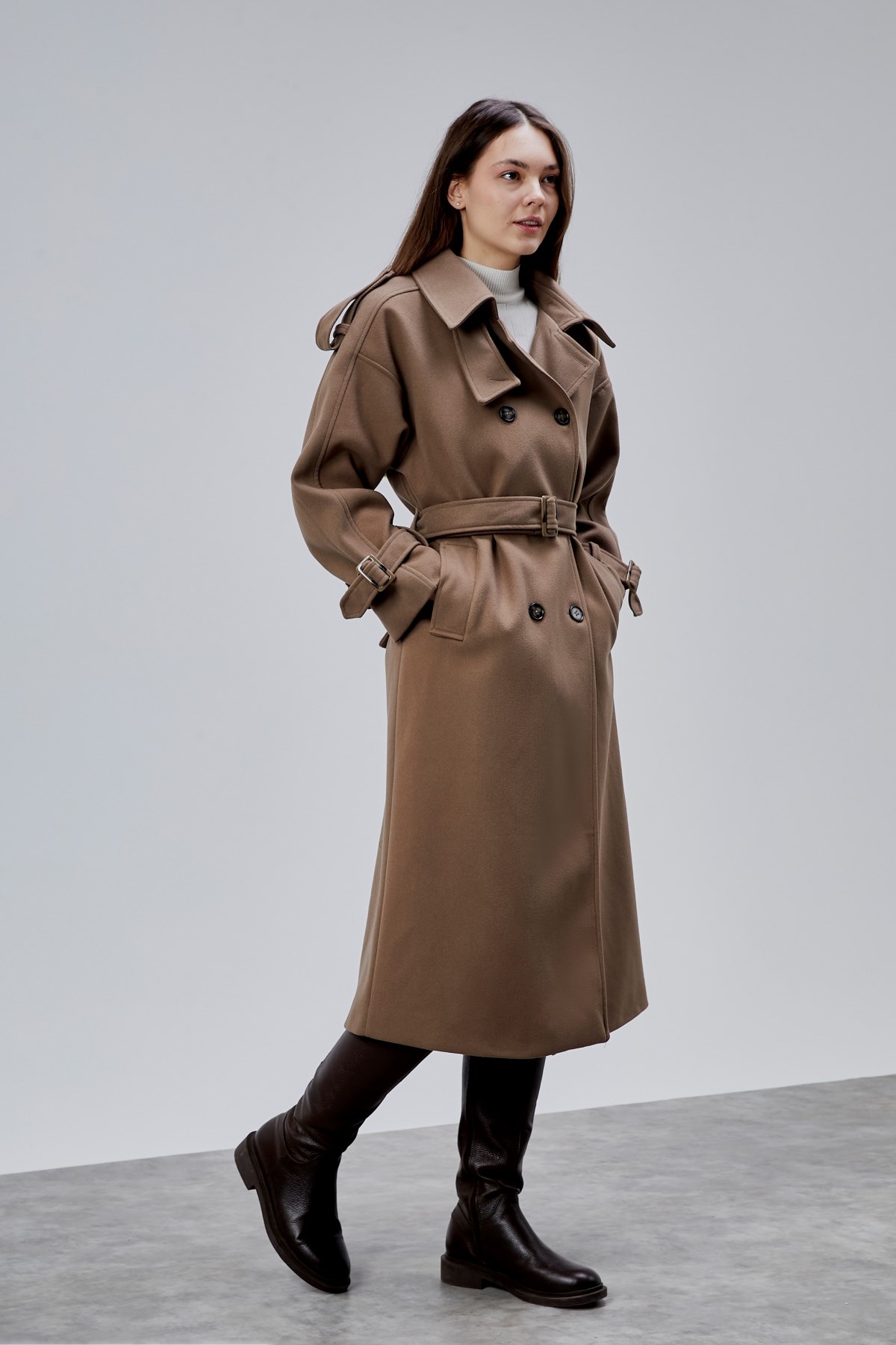Kuşaklı Oversize Kaşe Kaban
