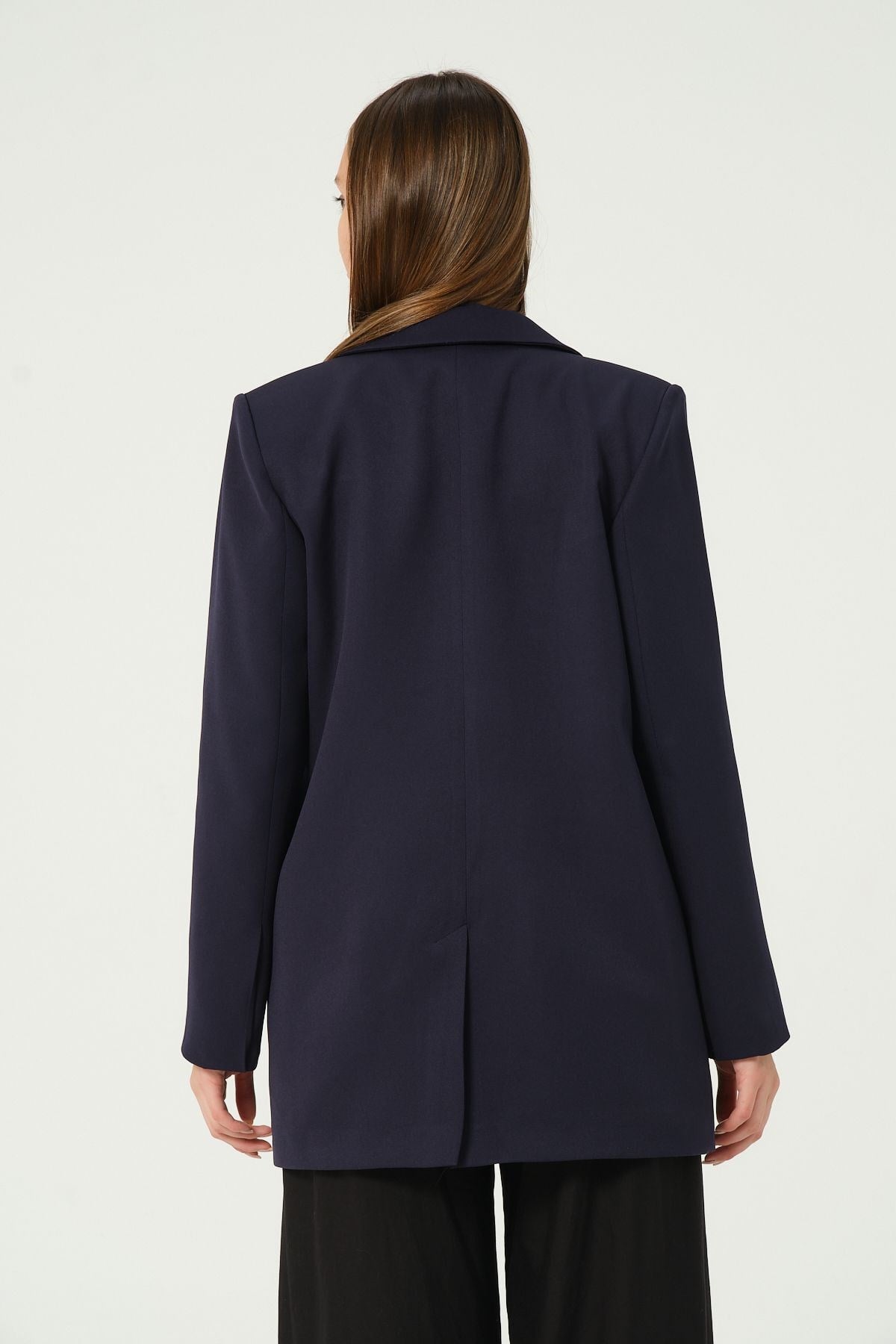 Lacivert Astarlı Kruvaze Kapama Dokuma Oversize Blazer Ceket