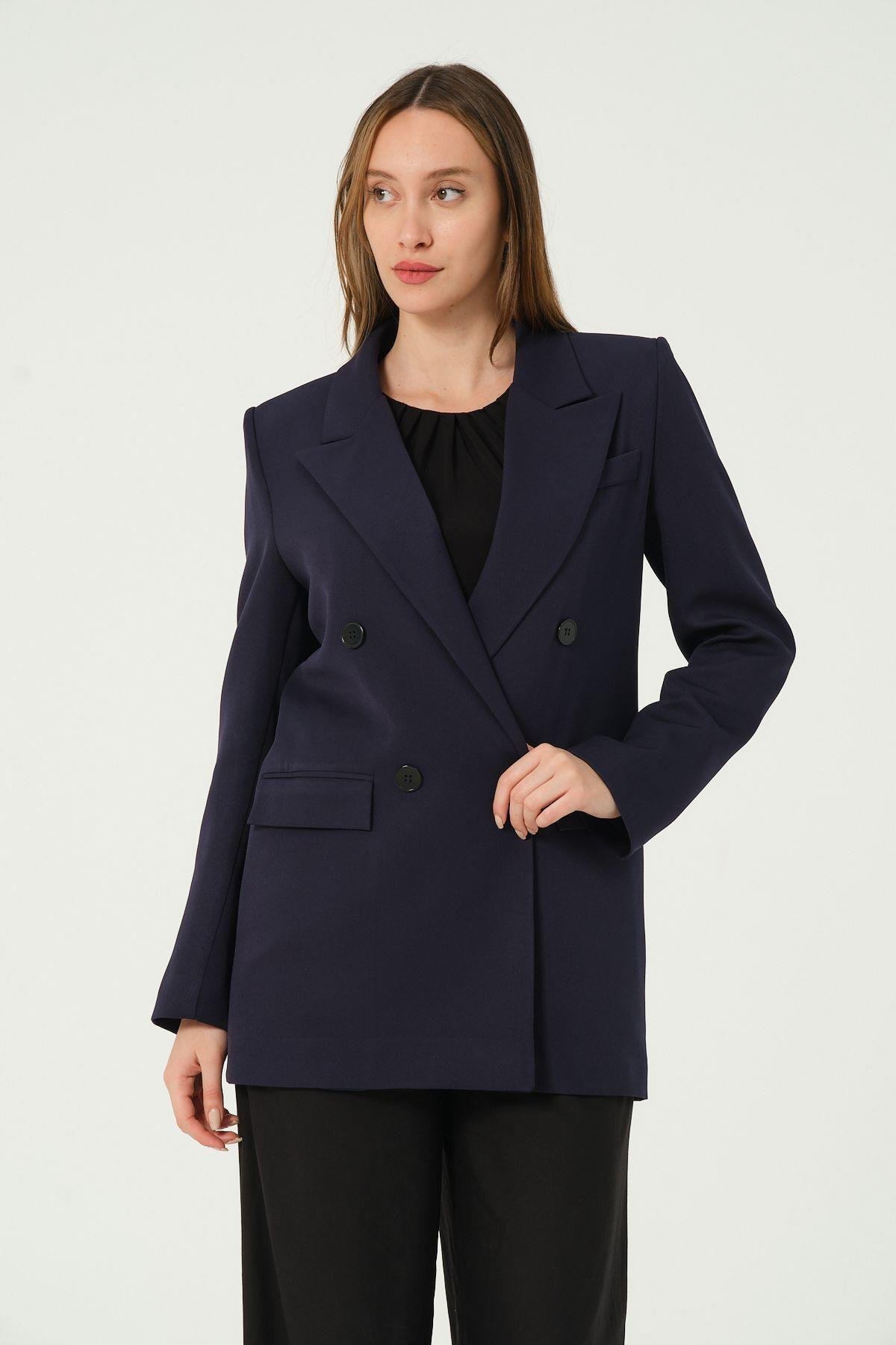 Lacivert Astarlı Kruvaze Kapama Dokuma Oversize Blazer Ceket